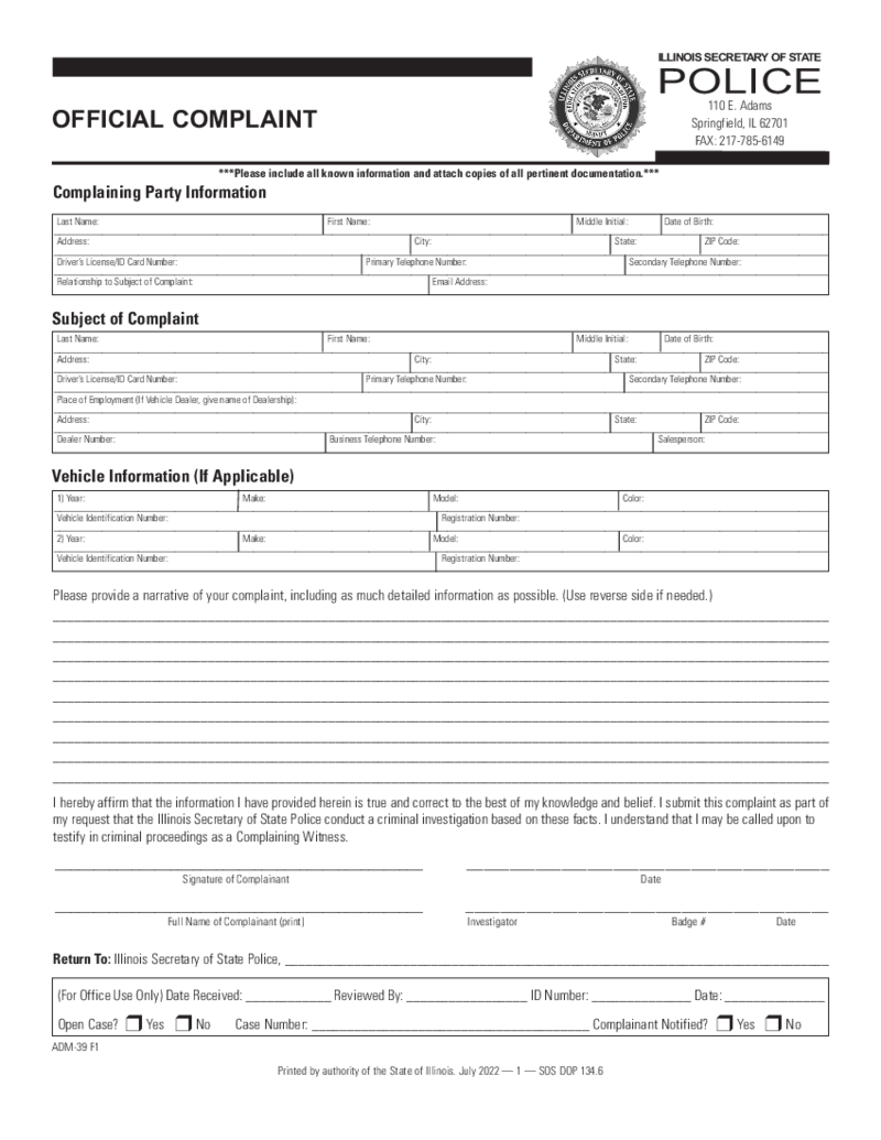 Illinois Official Complaint Form