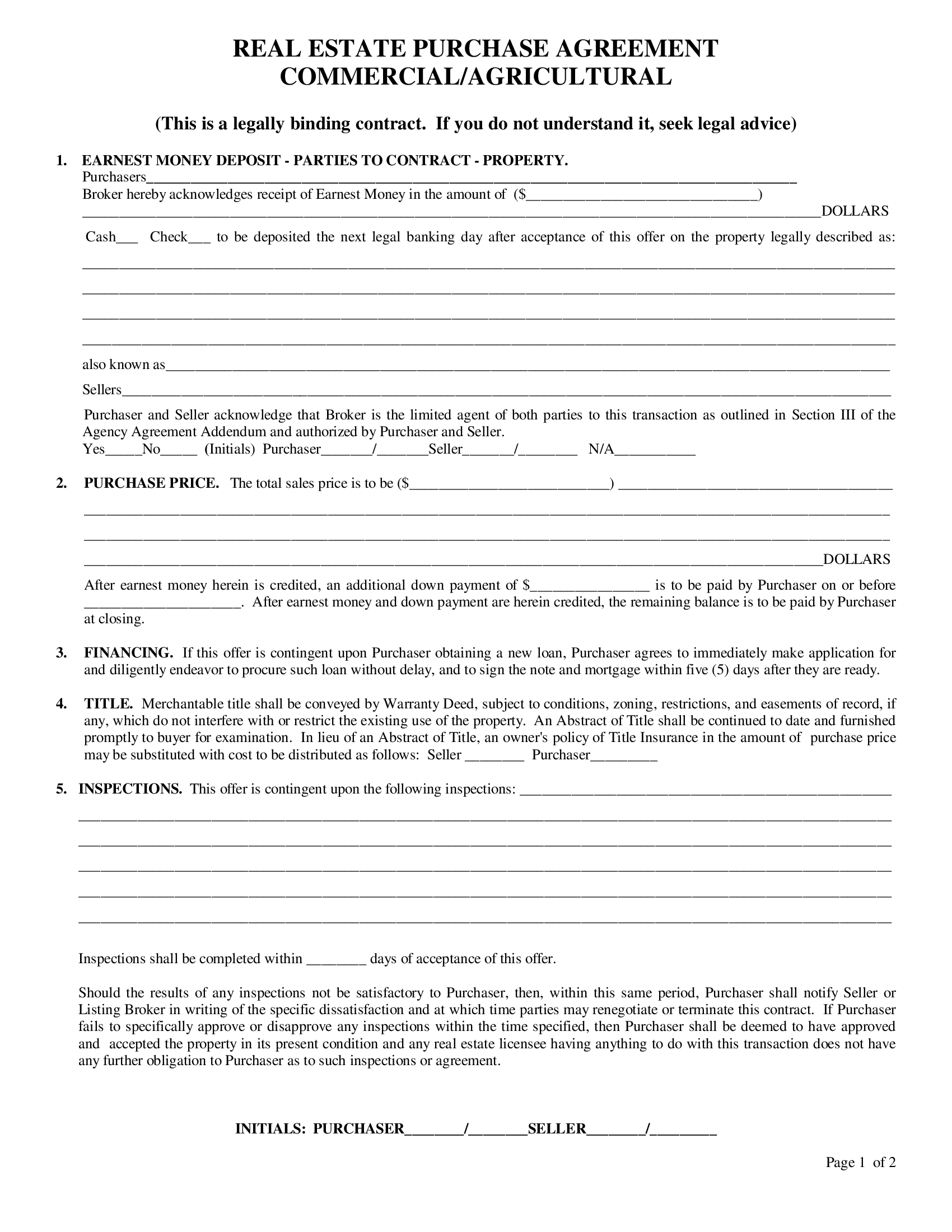 Real Estate Purchase Agreement Commercial and Agricultural - Thumbnail