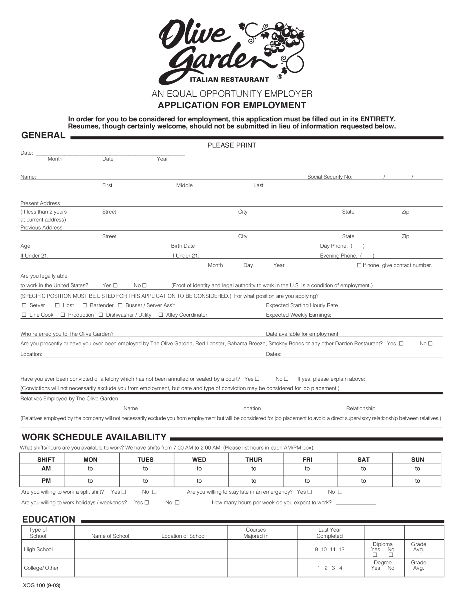 Fillable Olive Garden Application - Thumbnail