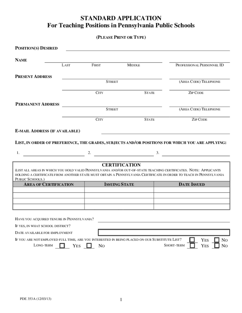 Pennsylvania Standard Teaching Application