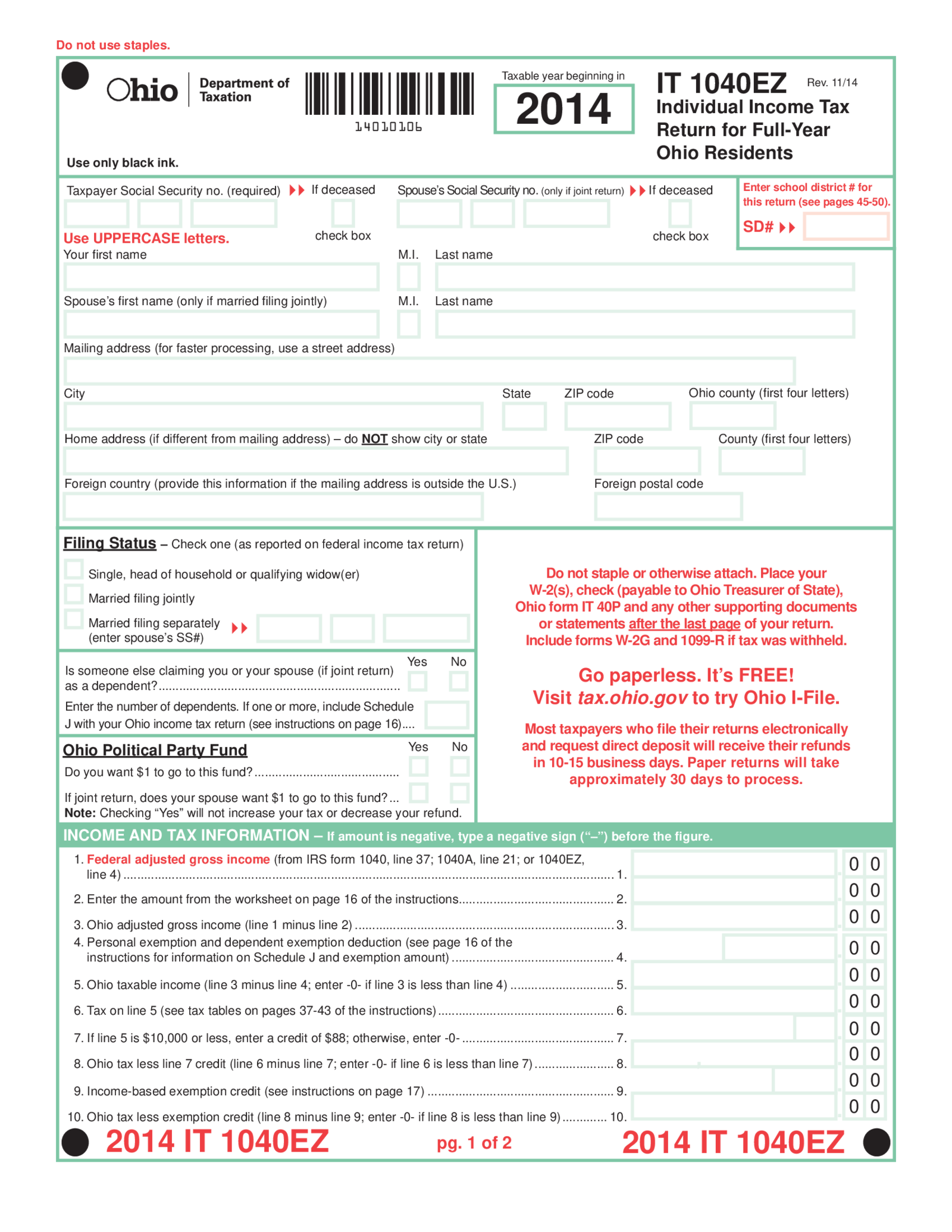 Ohio Form IT 1040EZ - Thumbnail