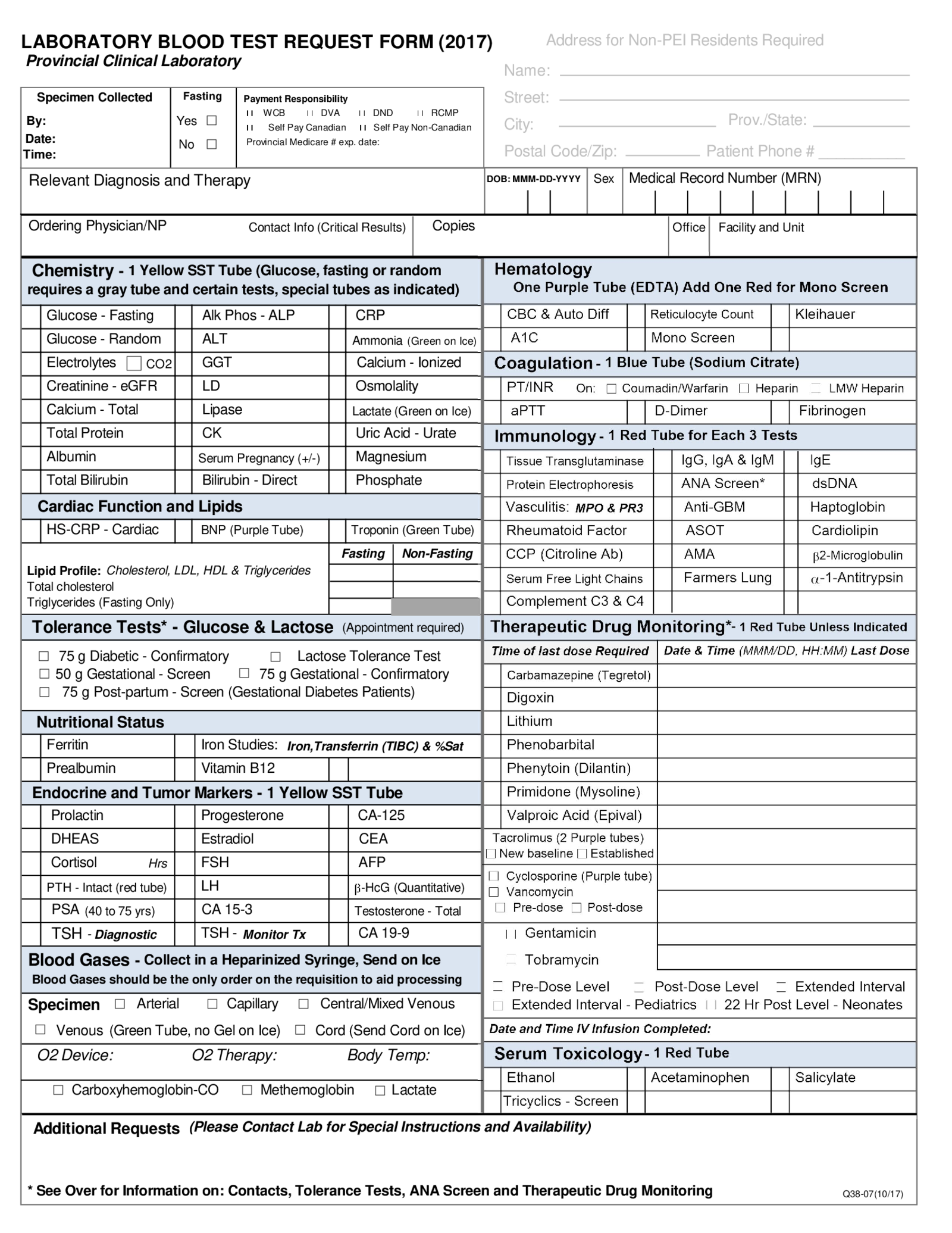 Fillable Laboratory Blood Test Request Form - Thumbnail