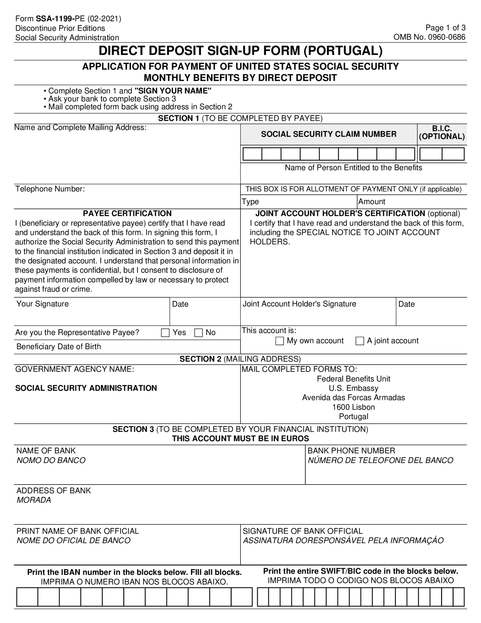 Fillable SSA-1199-PE, Direct Deposit Sign Up Form, Portugal - Thumbnail