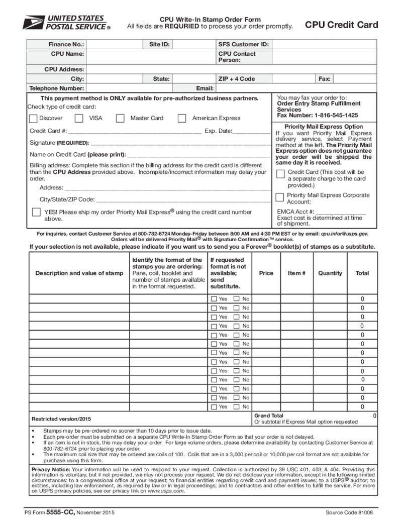 CPU Credit Card Stamp Order Form