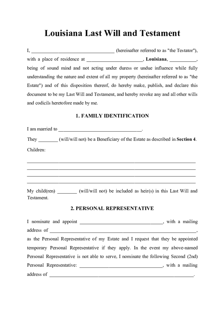 Louisiana Last Will and Testament Form