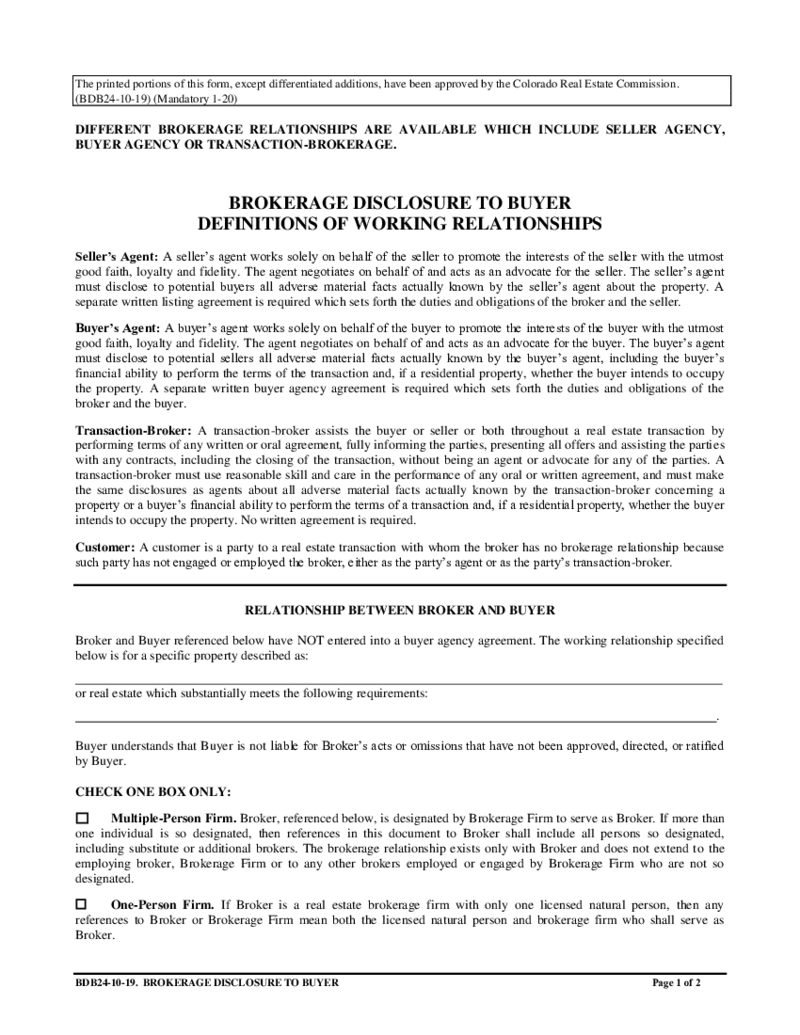 Colorado DORA Brokerage Disclosure to Buyer