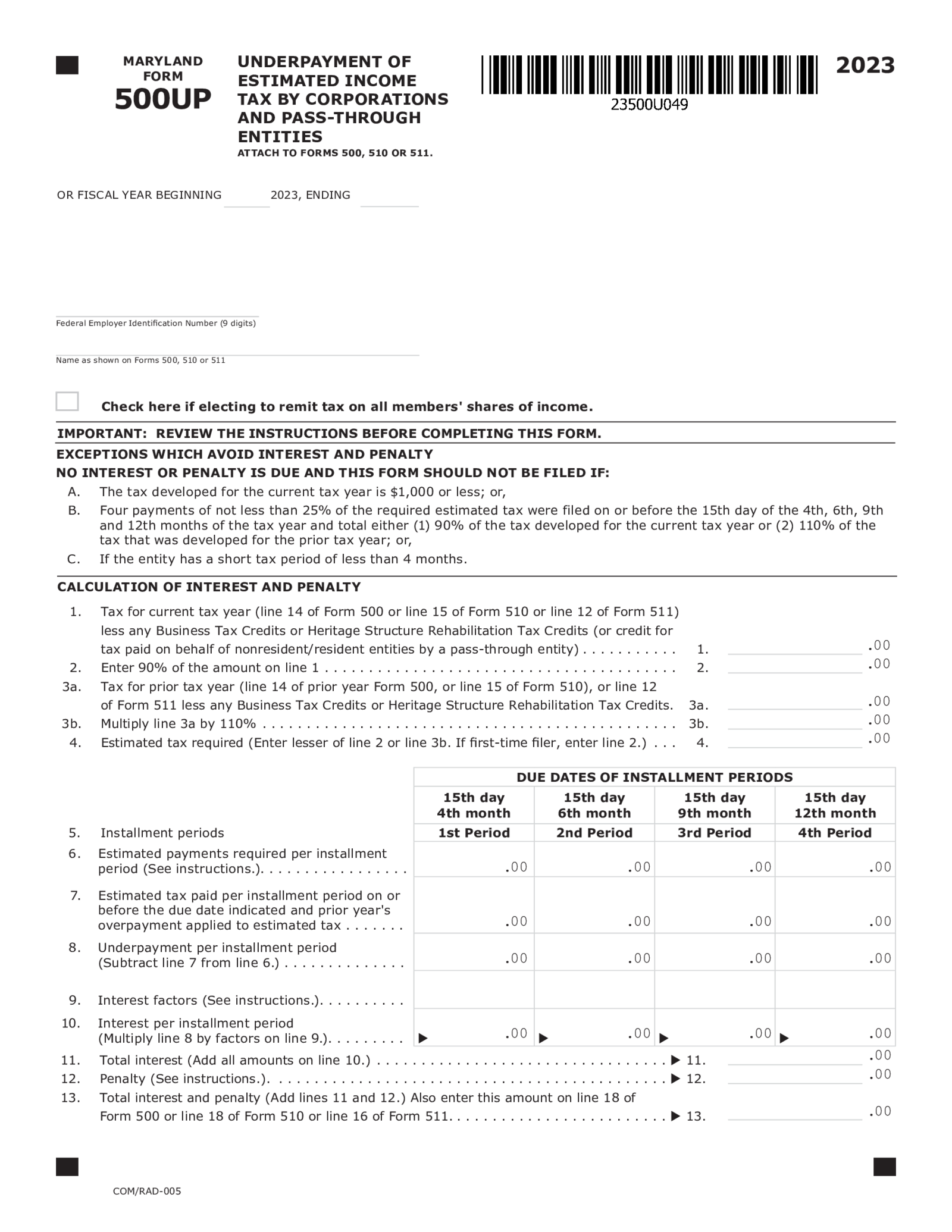 Form 500UP, Underpayment of Estimated Income Tax - Thumbnail