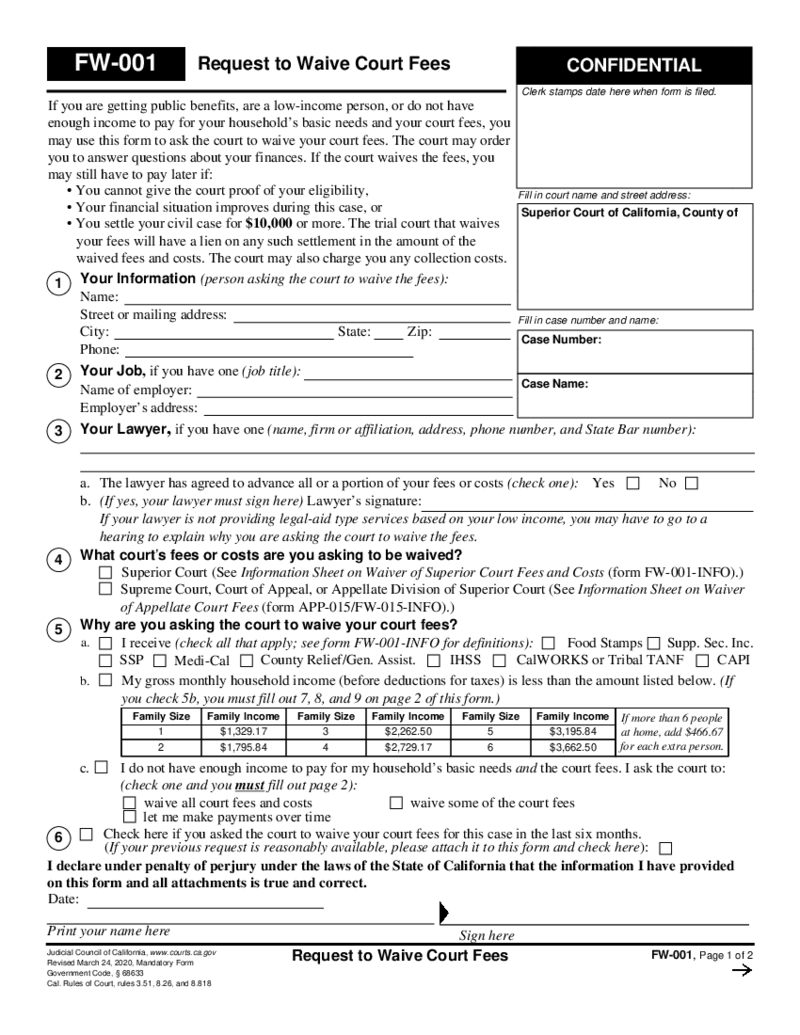 Form FW-001 Request to Waive Court Fees