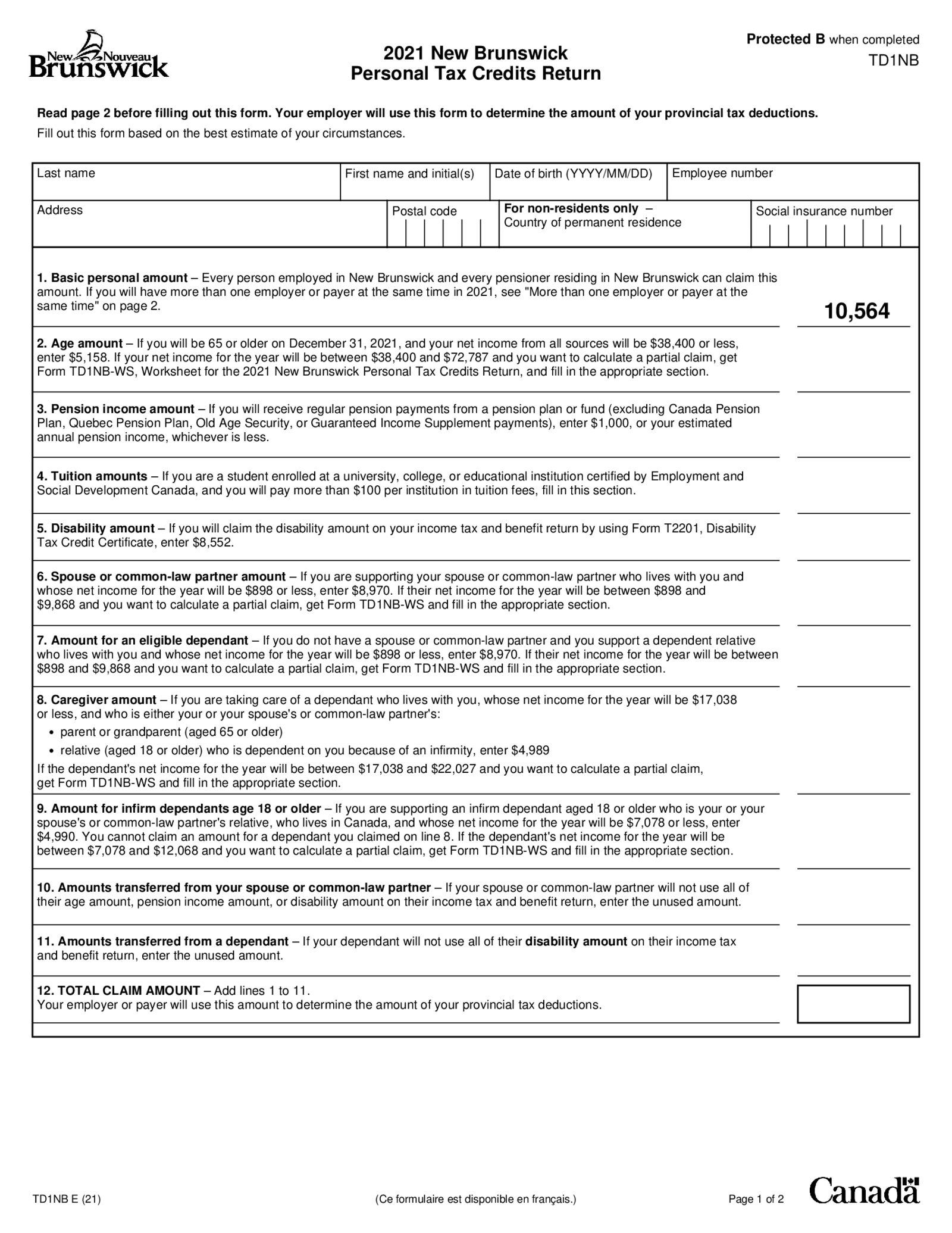 Fillable TD1NB 2021 New Brunswick Personal Tax Credits Return - Thumbnail