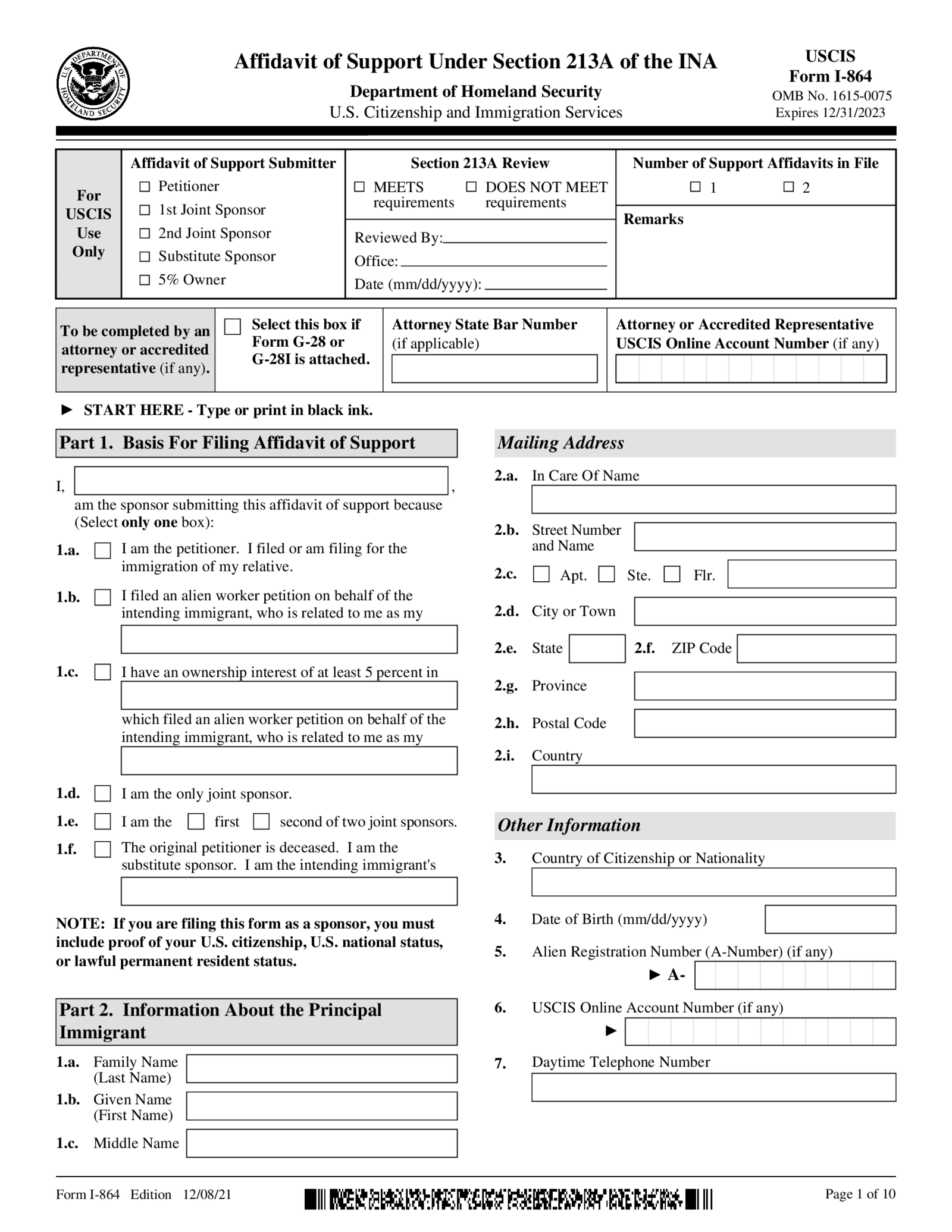 Form I-864 - Affidavit of Support - Thumbnail