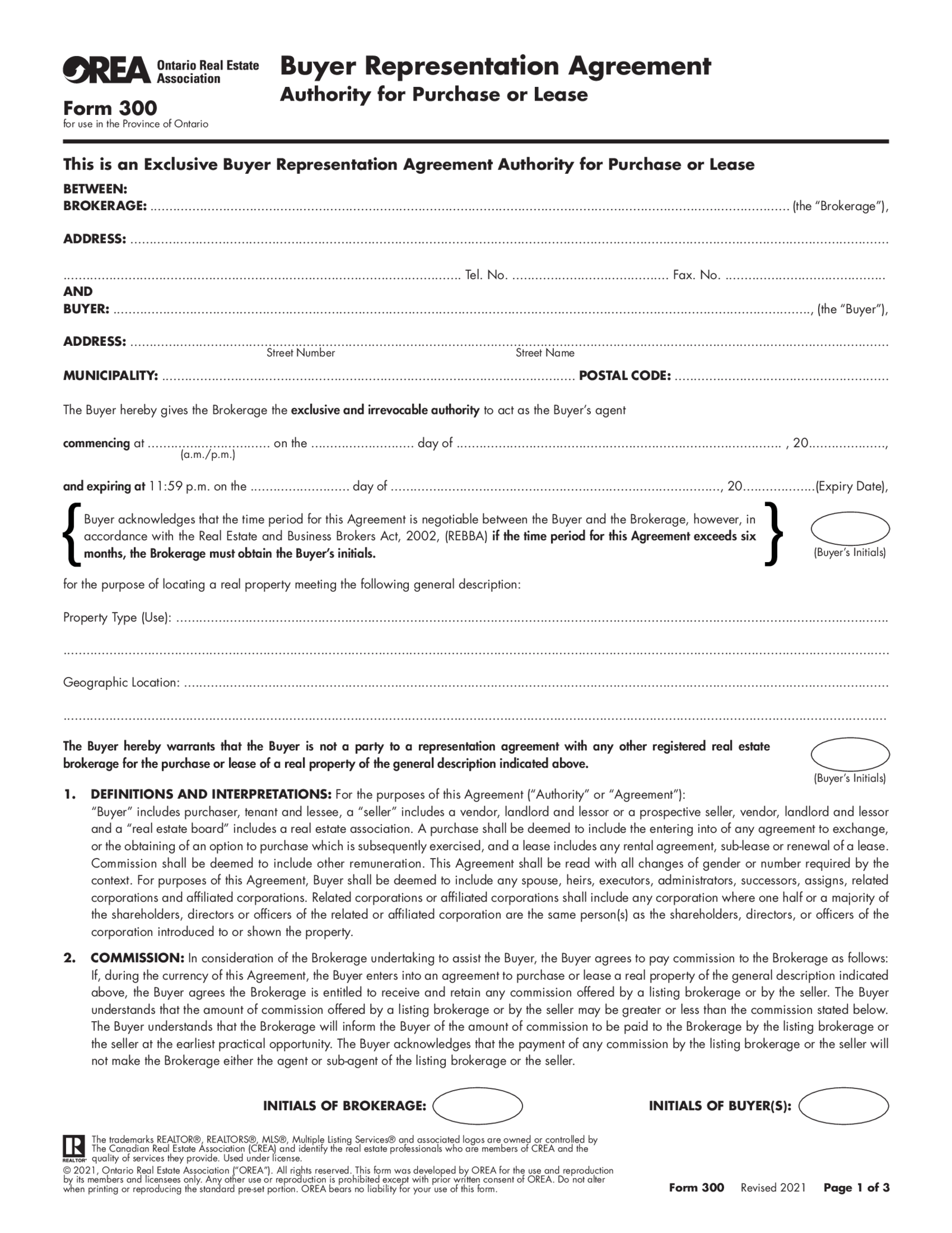 OREA Form 300, Buyer Representation Agreement - Thumbnail