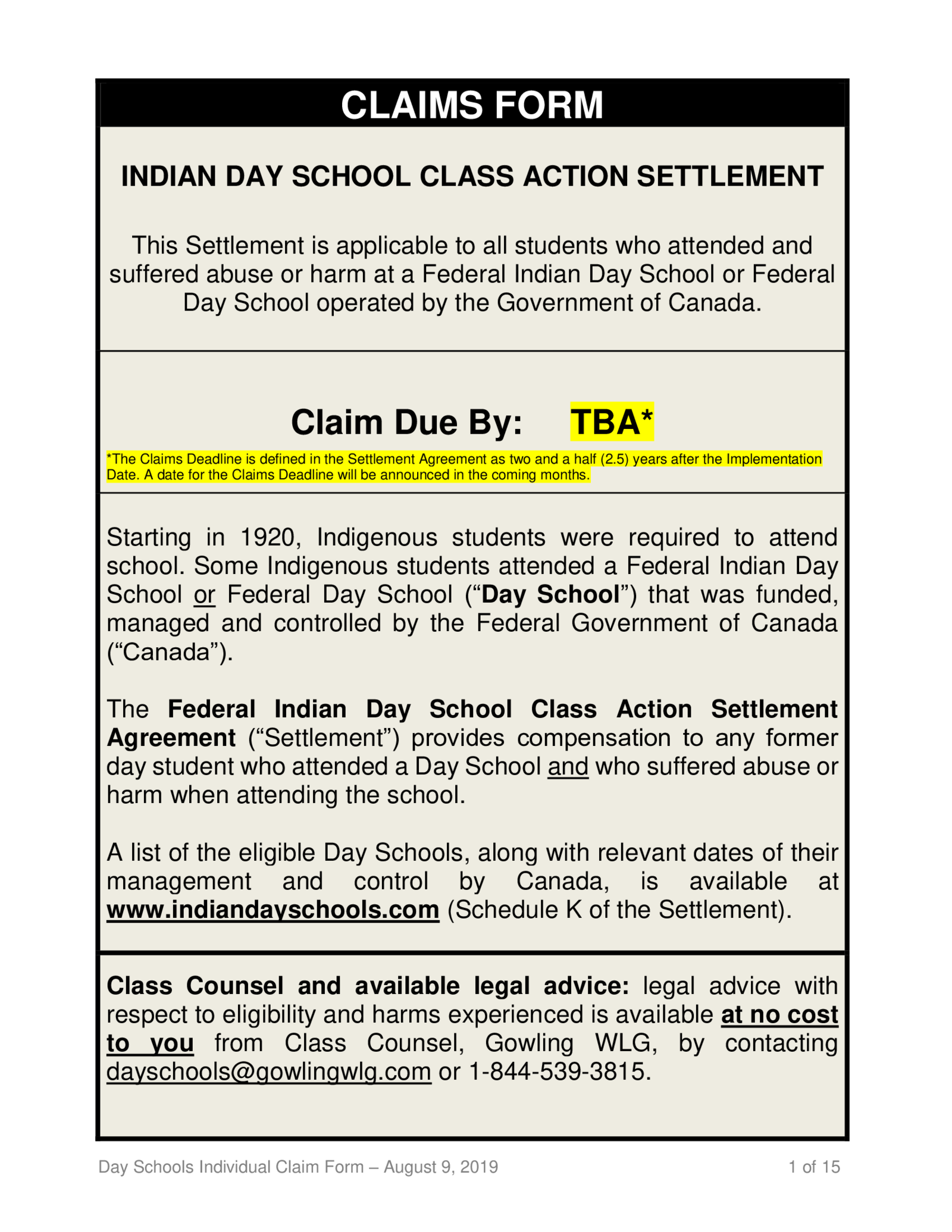 Indian Day School Class Action Settlement Form - Thumbnail