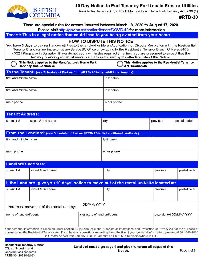 BC 10 Day Notice to End Tenancy