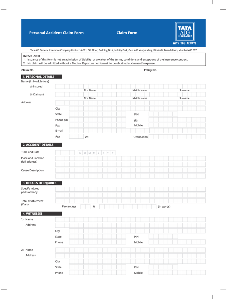 AIG Personal Accident Claim Form