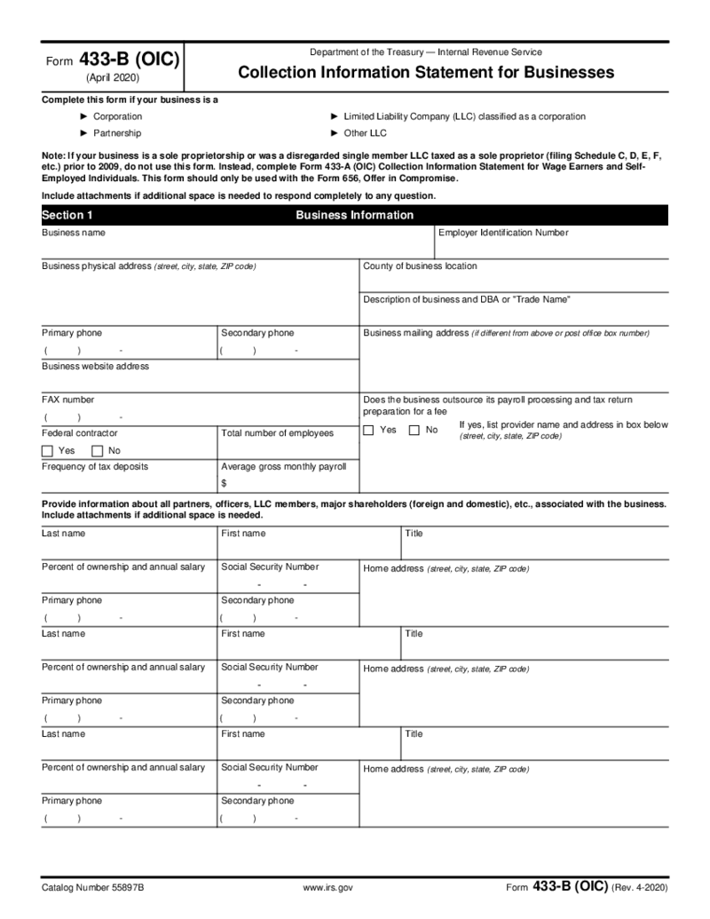 Form 433-B (OIC), Collection Information Statement for Businesses (2020)