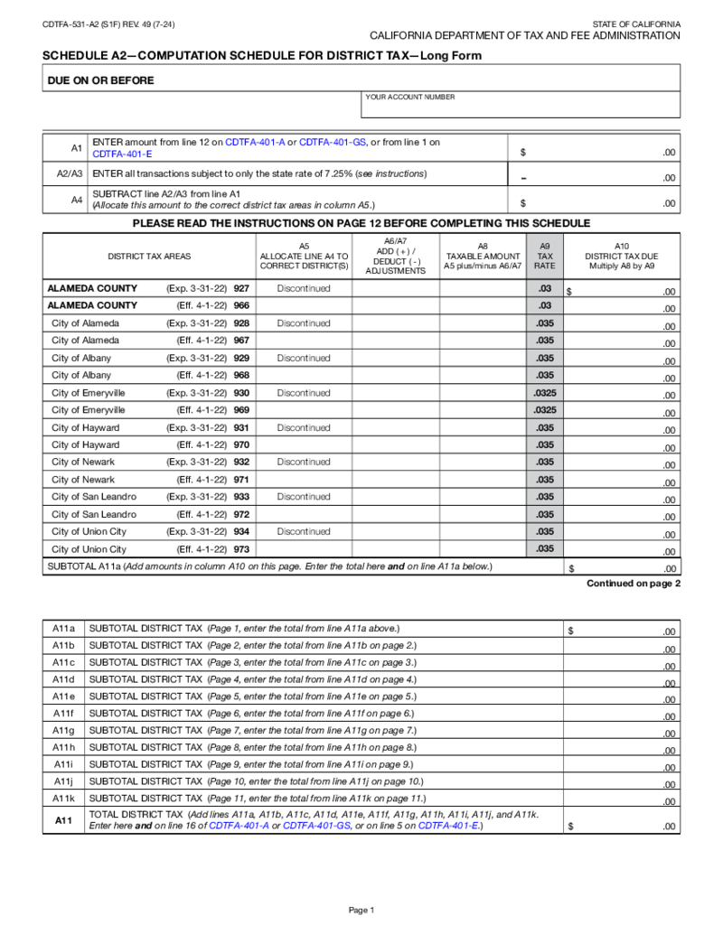 CDTFA-531-A2, Schedule A2 - Computation Schedule for District Tax - Long Form