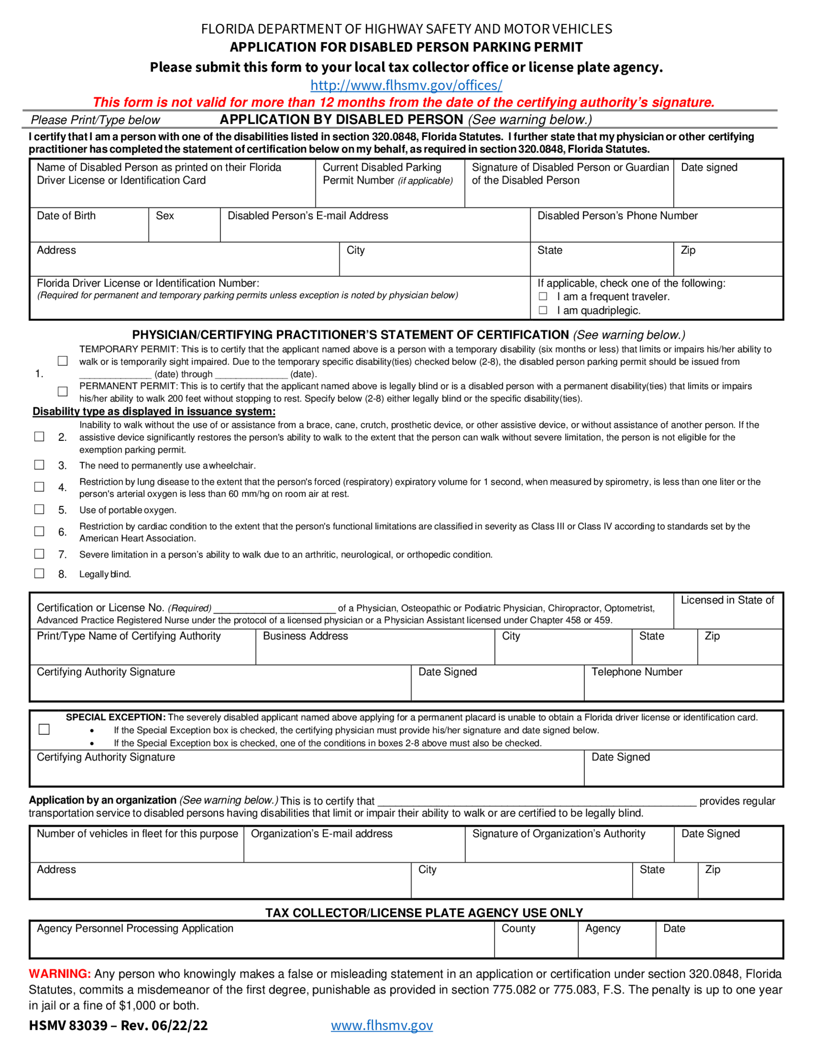 Form HSMV 83039, Application for Disabled Person Permit - Thumbnail