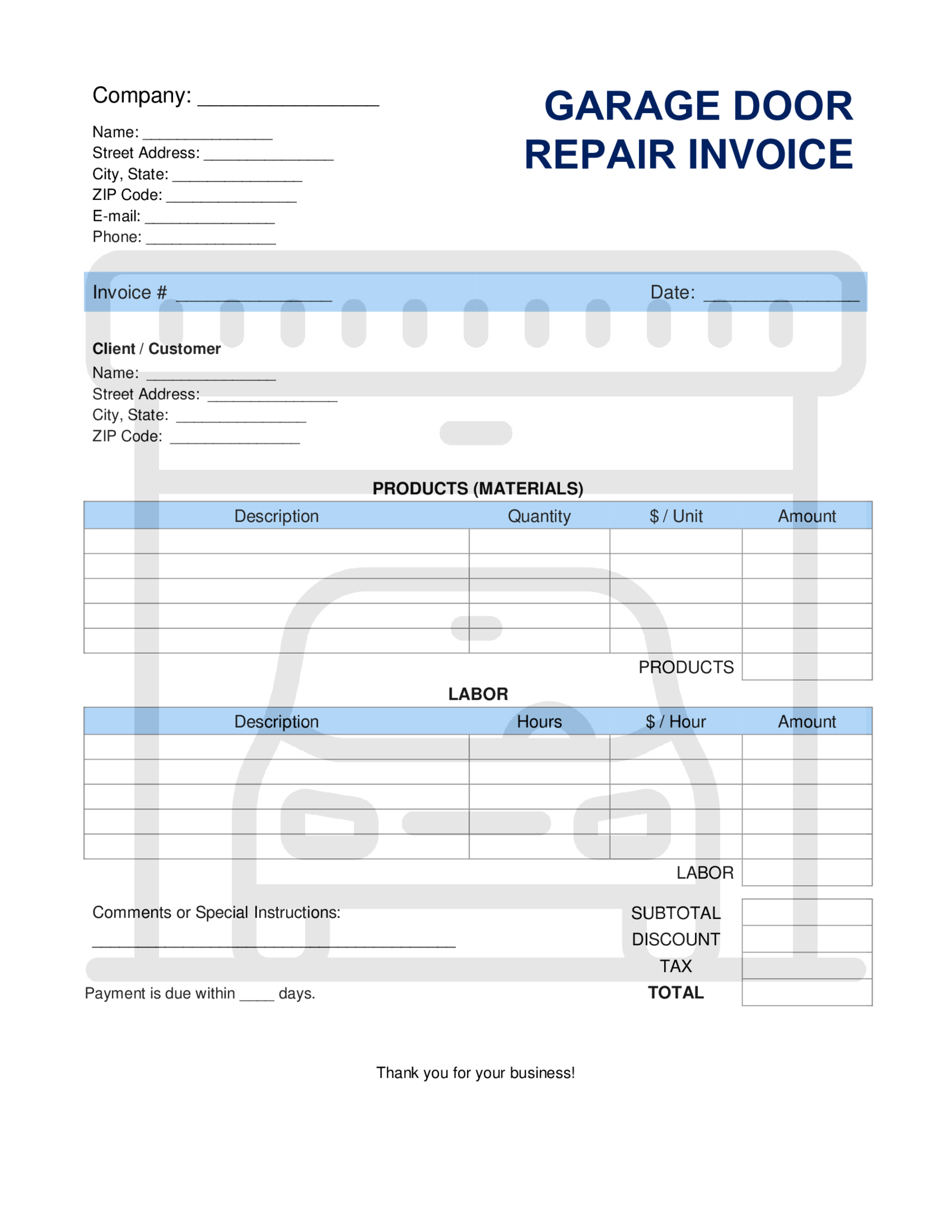 Garage Door Repair Invoice Template - Thumbnail