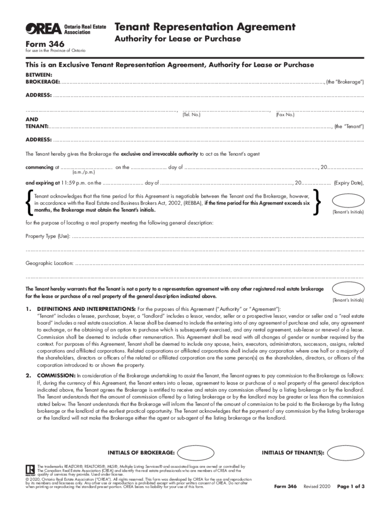 OREA Form 346, Tenant Representation Agreement