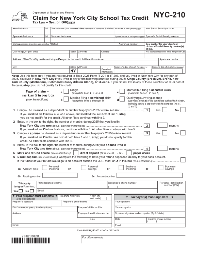 Form NYC-210, Claim for New York City School Tax Credit