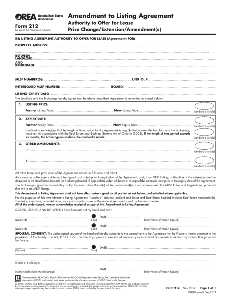 Form 212, Amendment to Listing Agreement