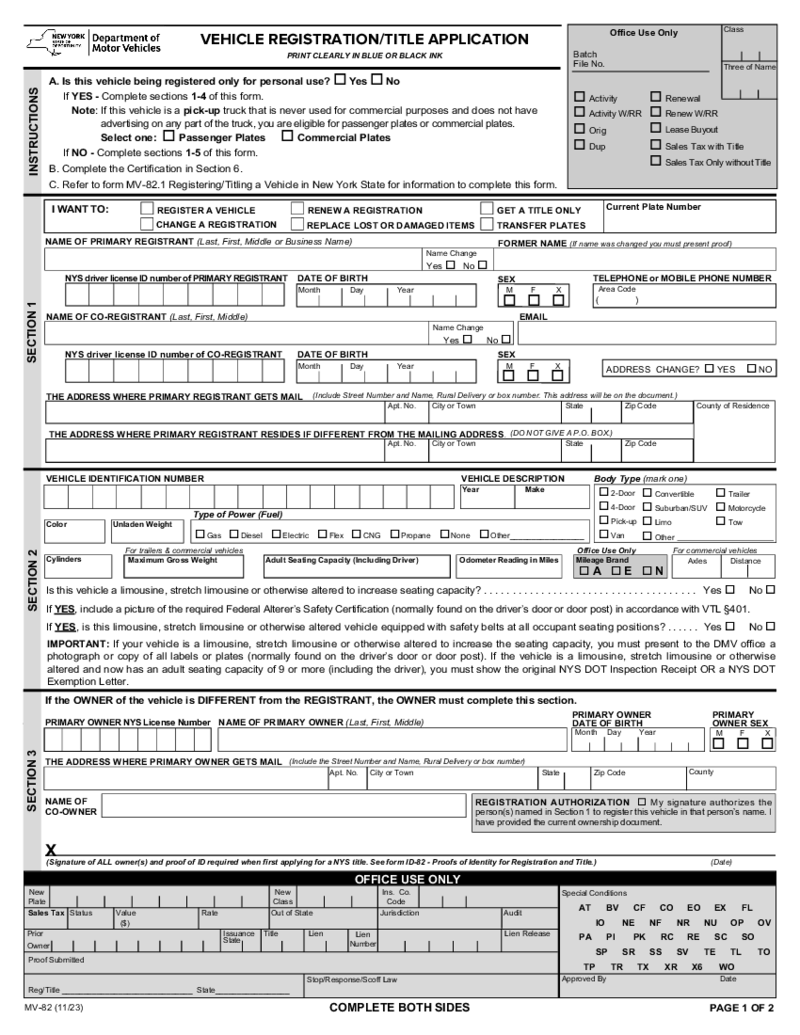 Form MV-82, Vehicle Registration Title Application - New York