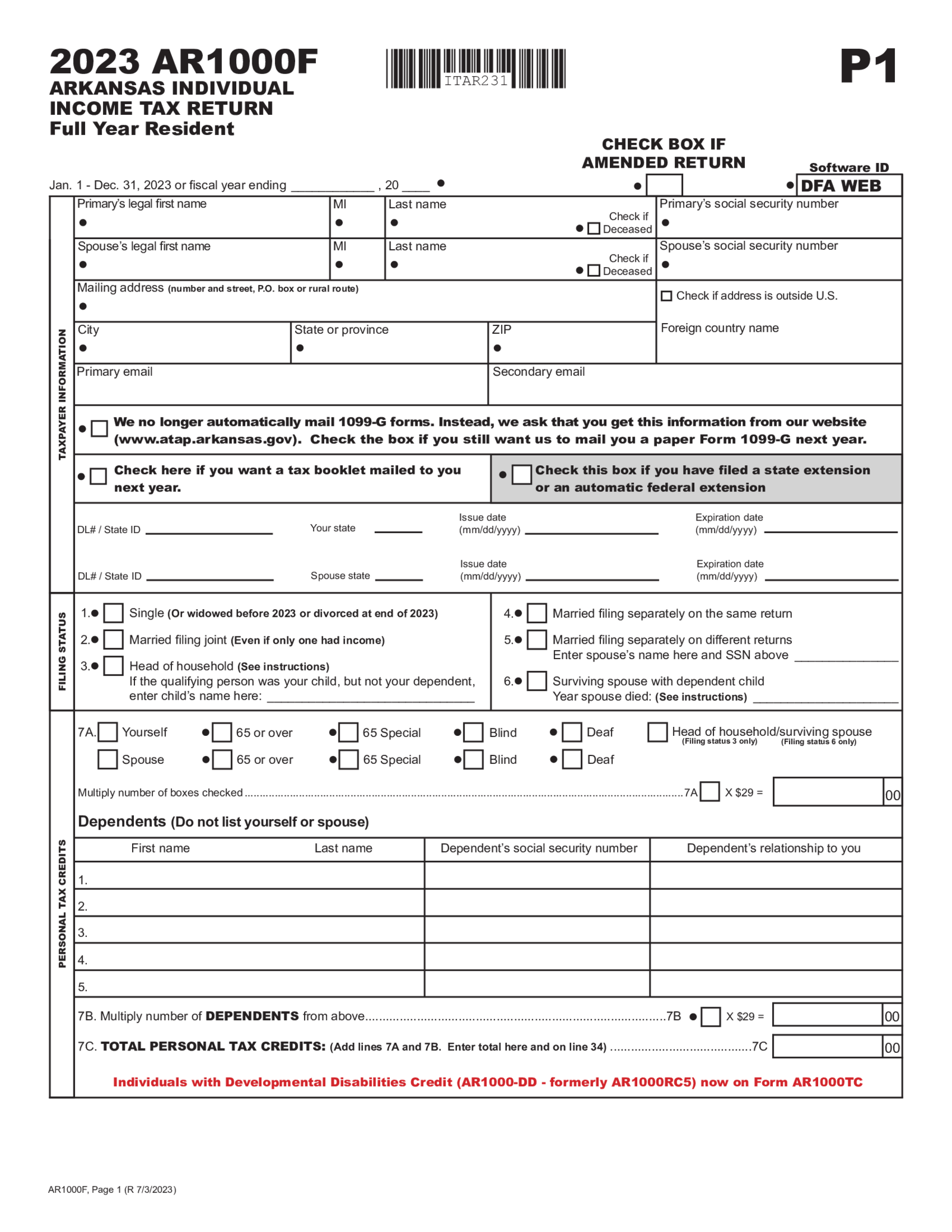 Form AR1000F, Full Year Resident Individual Income Tax Return - Thumbnail