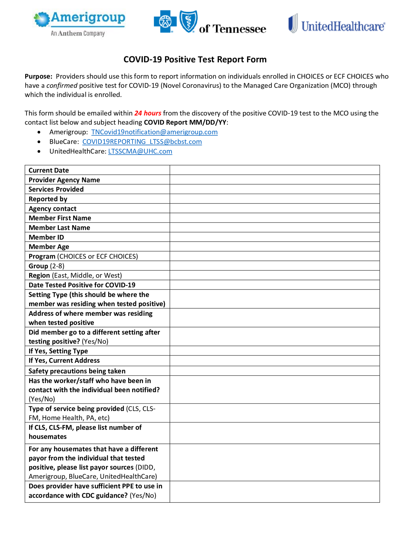 COVID-19 Positive Test Report Form - Thumbnail