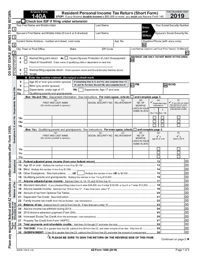 Arizona Form 140A (2019)