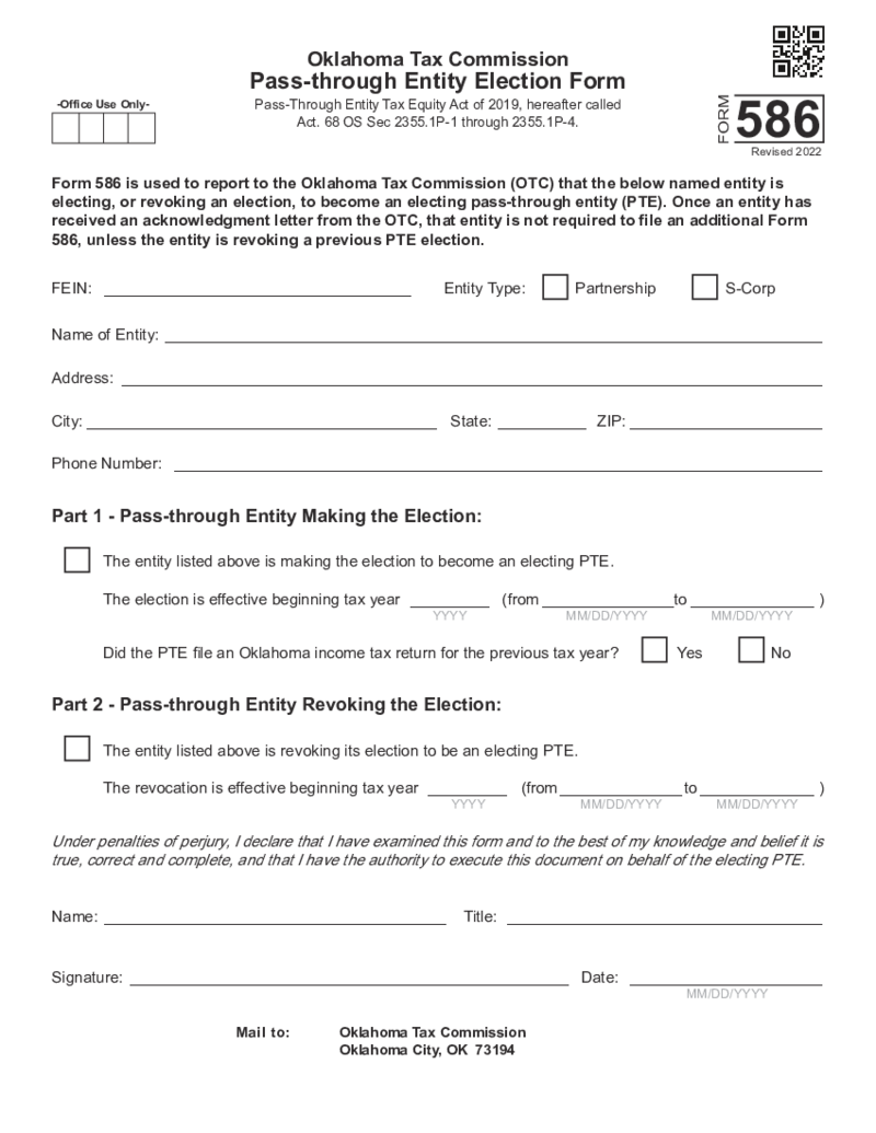 Form 586 Oklahoma Pass-through Entity Election Form (2022)