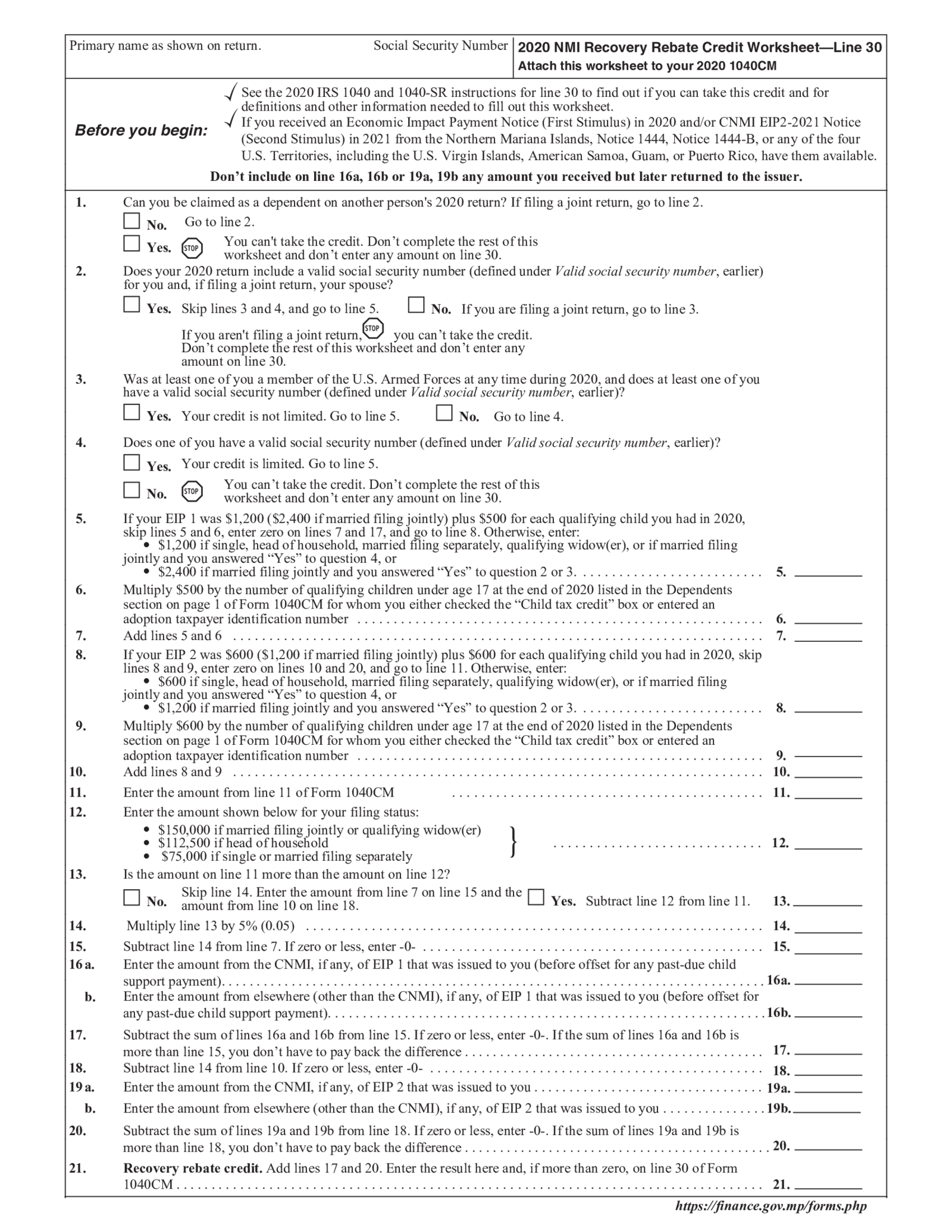 NMI Recovery Rebate Credit Worksheet - Thumbnail