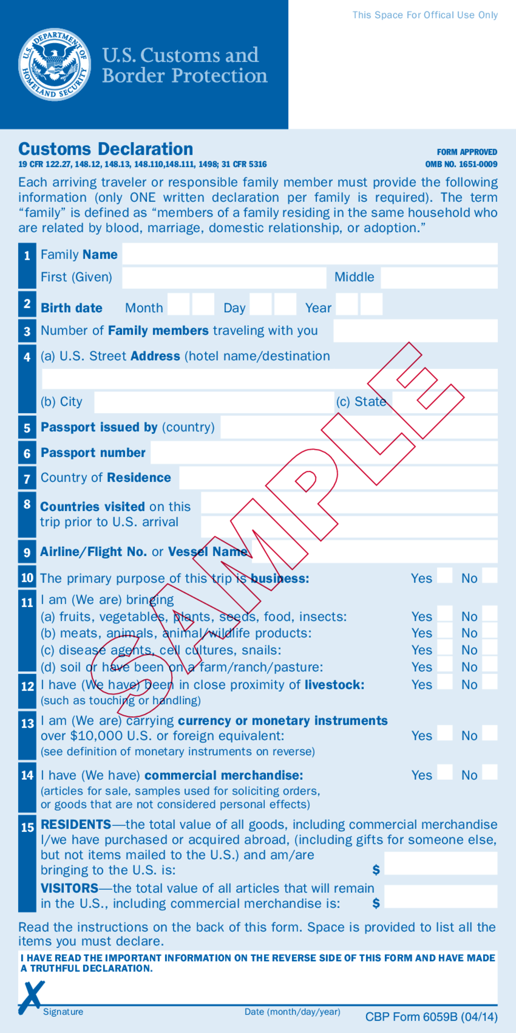 CBP Form 6059B, Customs Declaration - Thumbnail