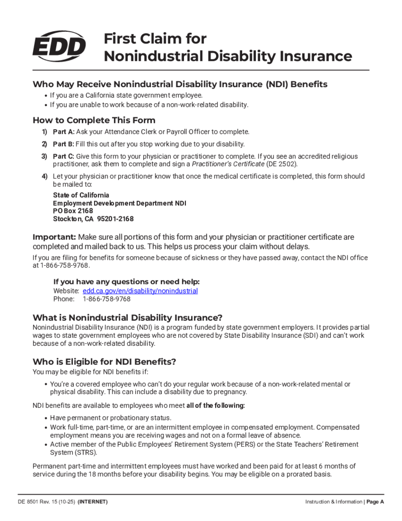 DE 8501 - First Claim for Nonindustrial Disability Insurance (NDI)