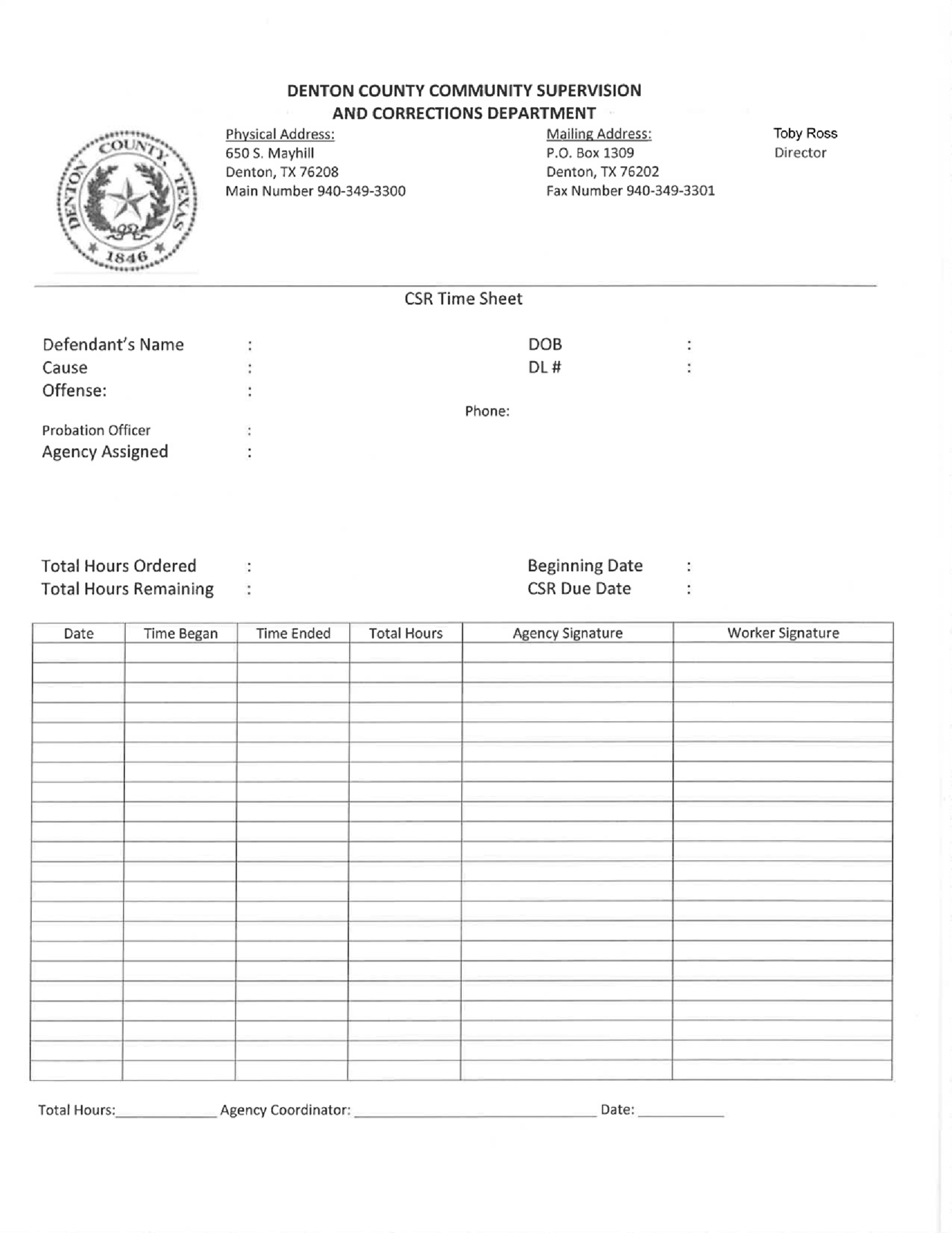 Denton County Community Service Time Sheet - Thumbnail