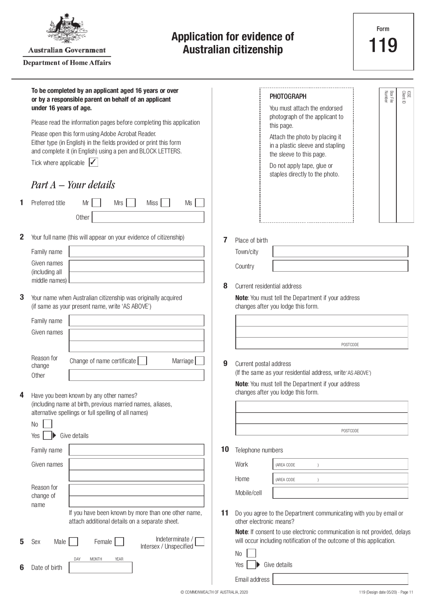 Form 119 Application For Evidence Of Australian Citizenship - Thumbnail