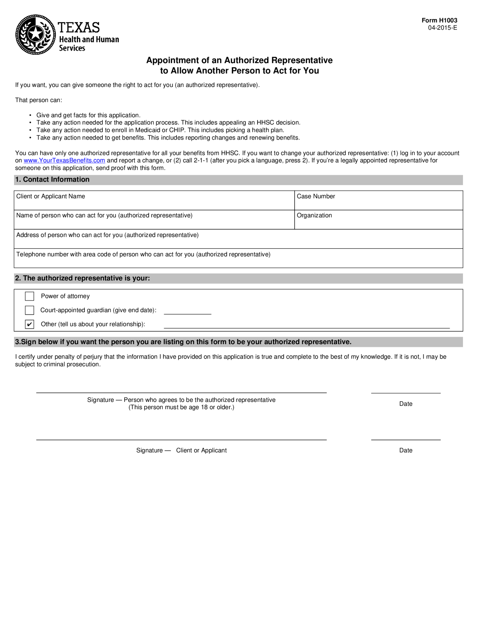 Form H1003, Appointment of an Authorized Representative - Thumbnail