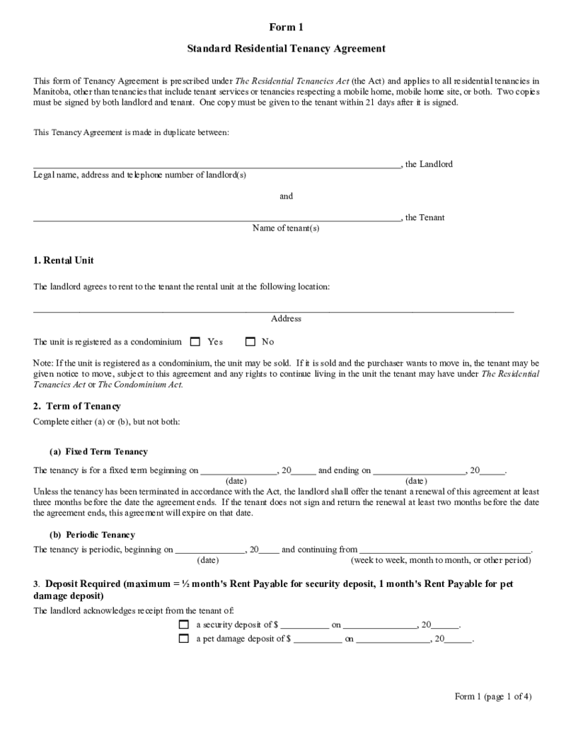 Form 1 - Manitoba Standard Residential Tenancy Agreement