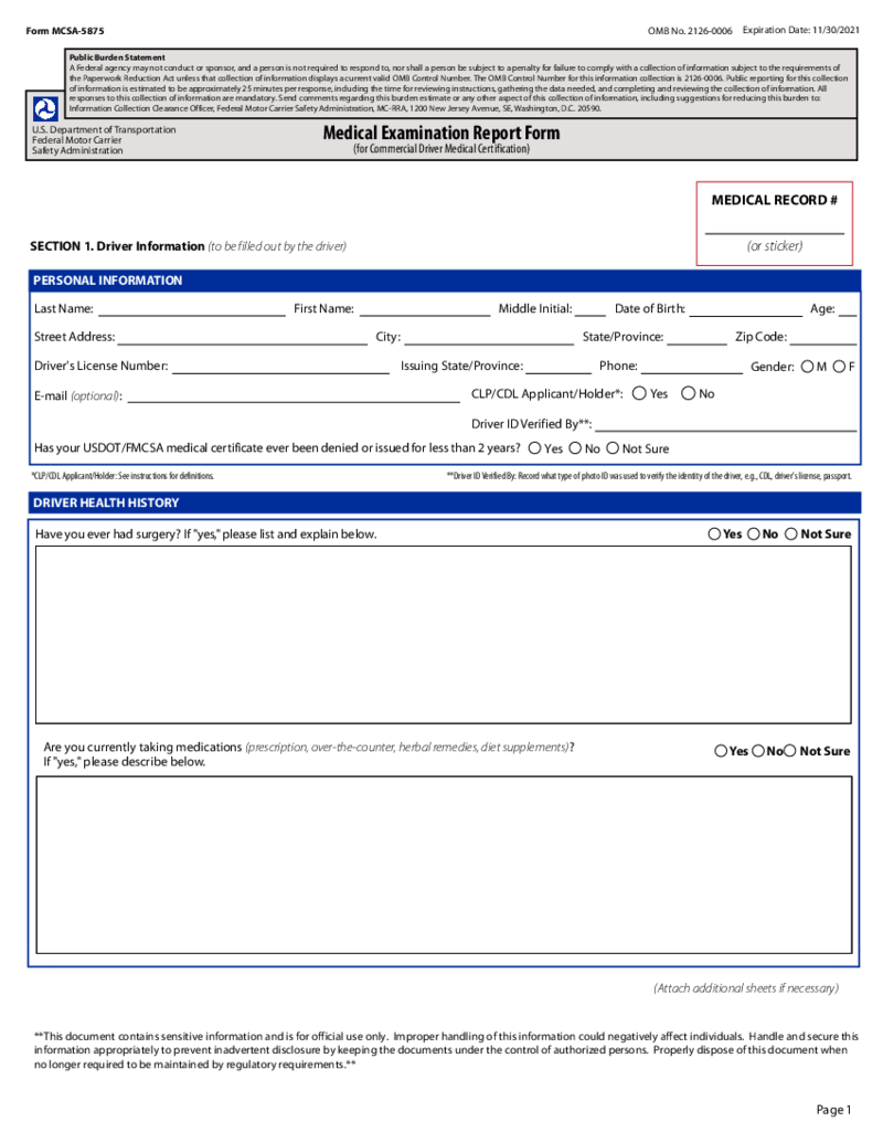 Medical Examination Report (MER) Form, MCSA-5875