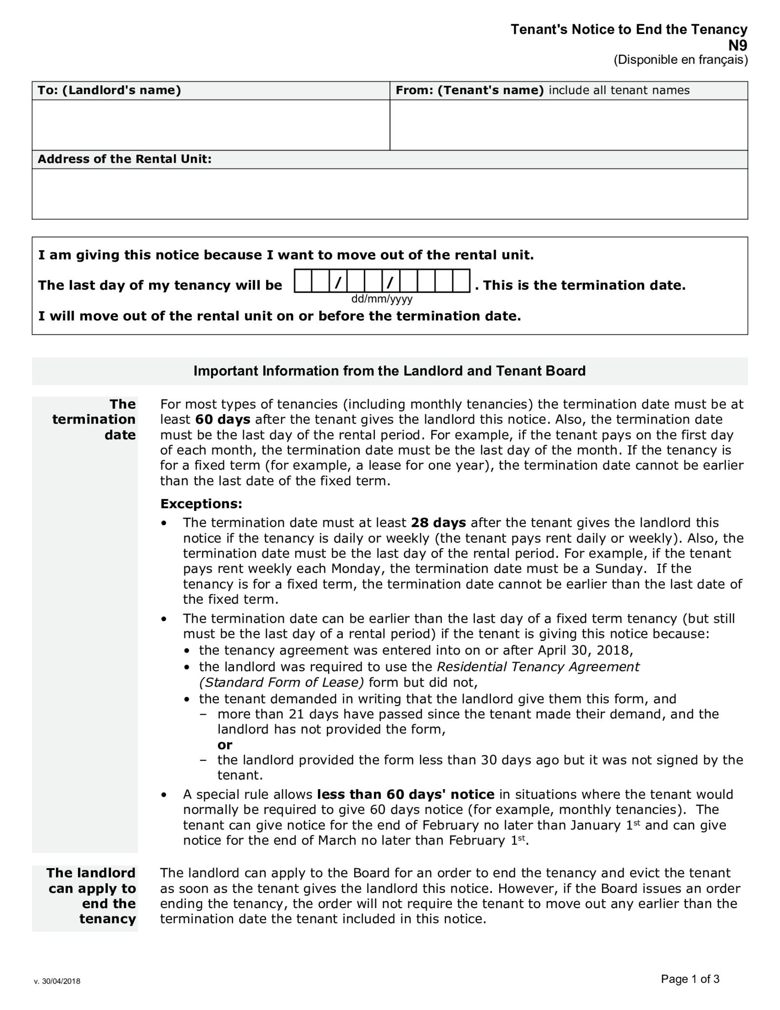 Tenant's Notice to End the Tenancy (Form N9) - Thumbnail