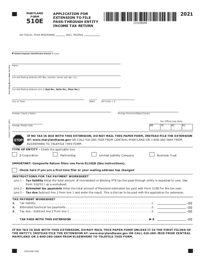 Maryland Form 510E (2021)