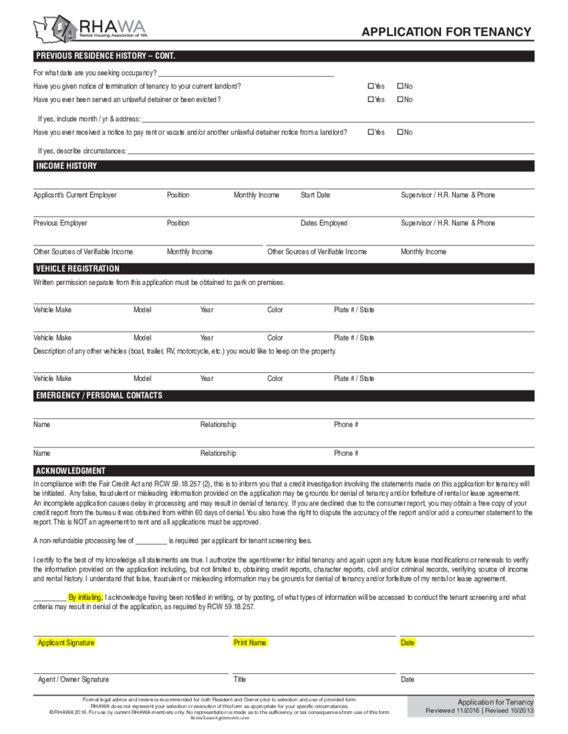 Washington State Rental Application