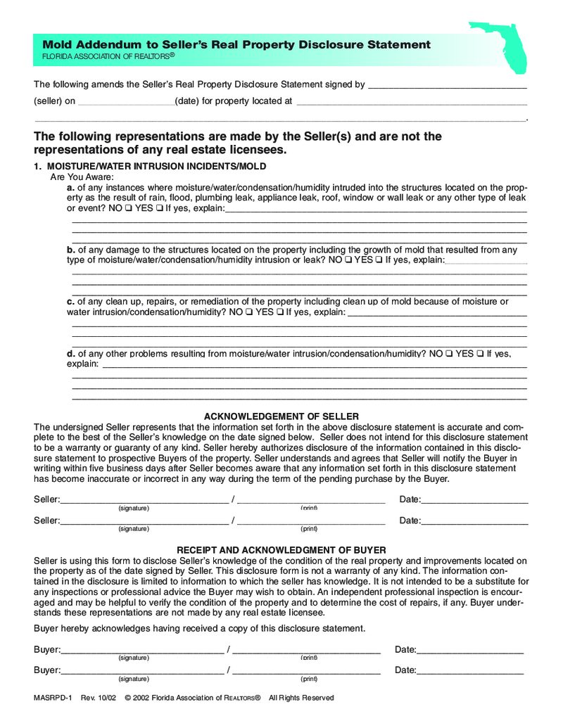 Mold Addendum to Sellers Real Property Disclosure Statement