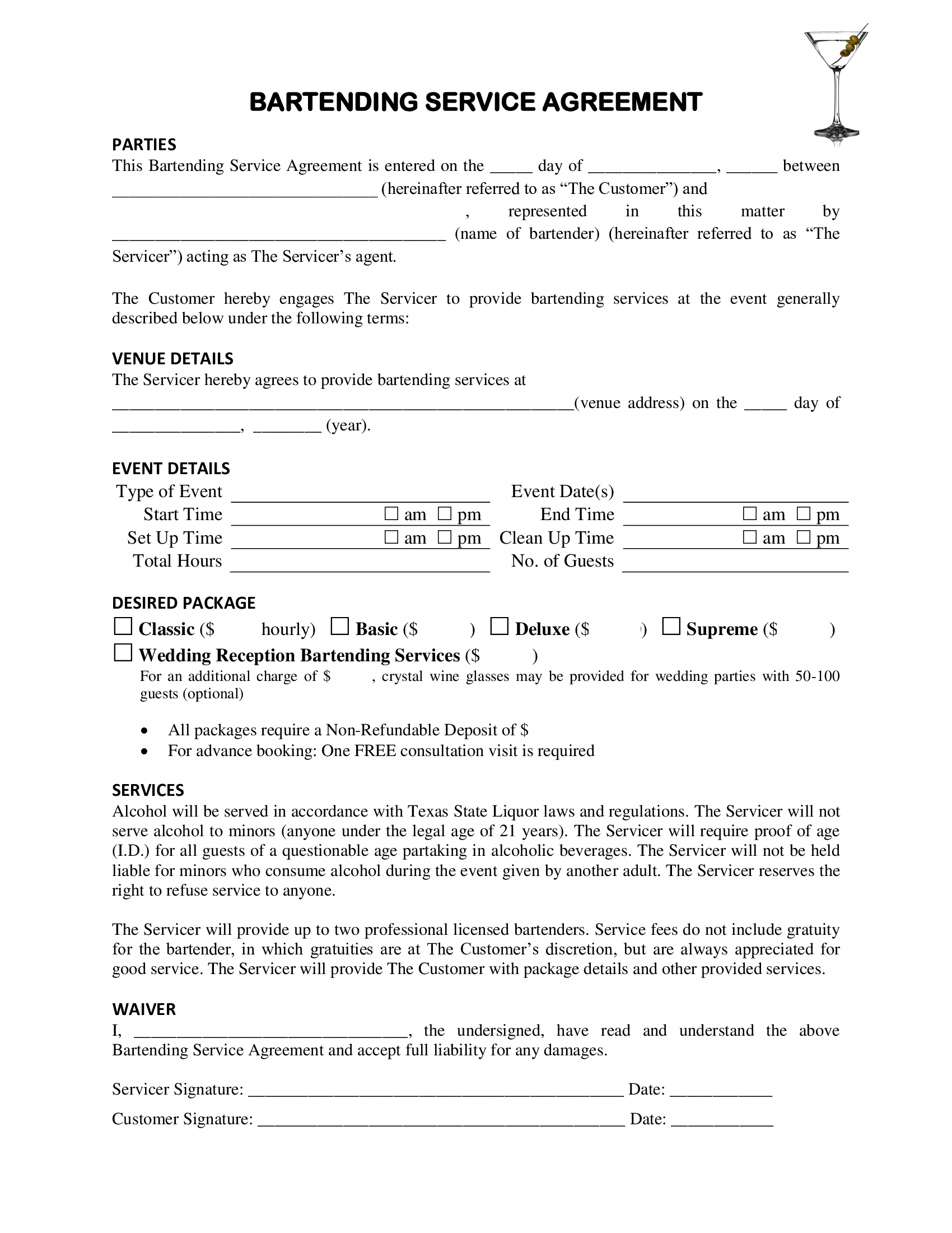 Bartending Services Contract Template - Thumbnail