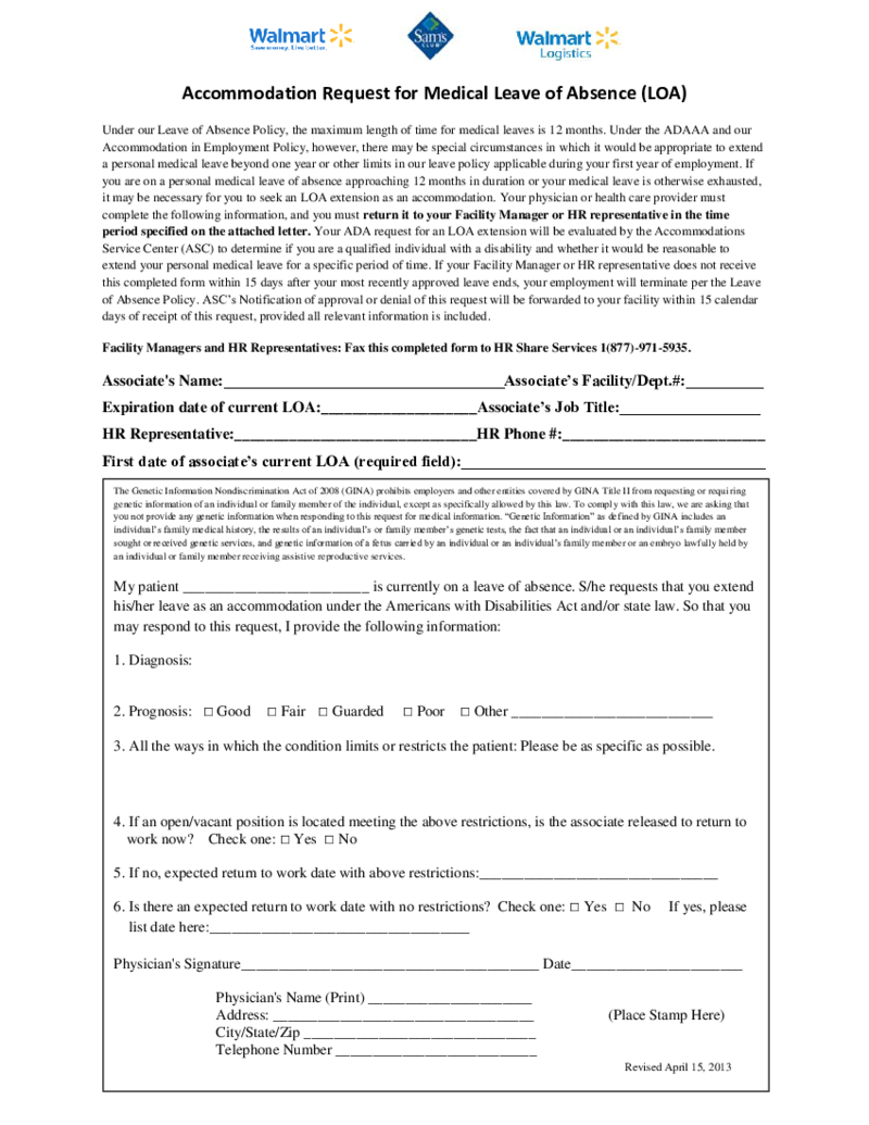 Walmart Medical Leave of Absence Request Form