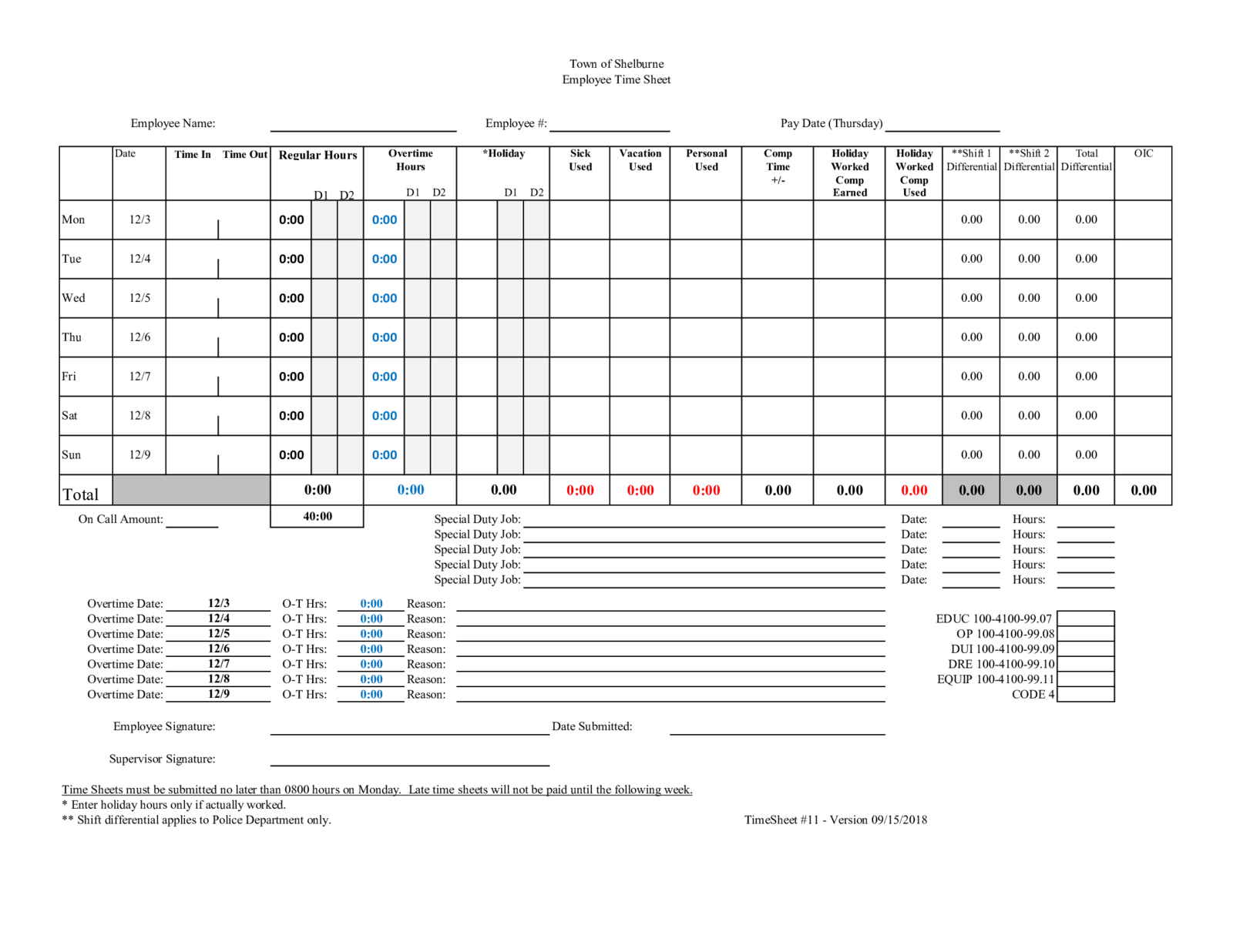 Police Department Time Sheet Template - Thumbnail