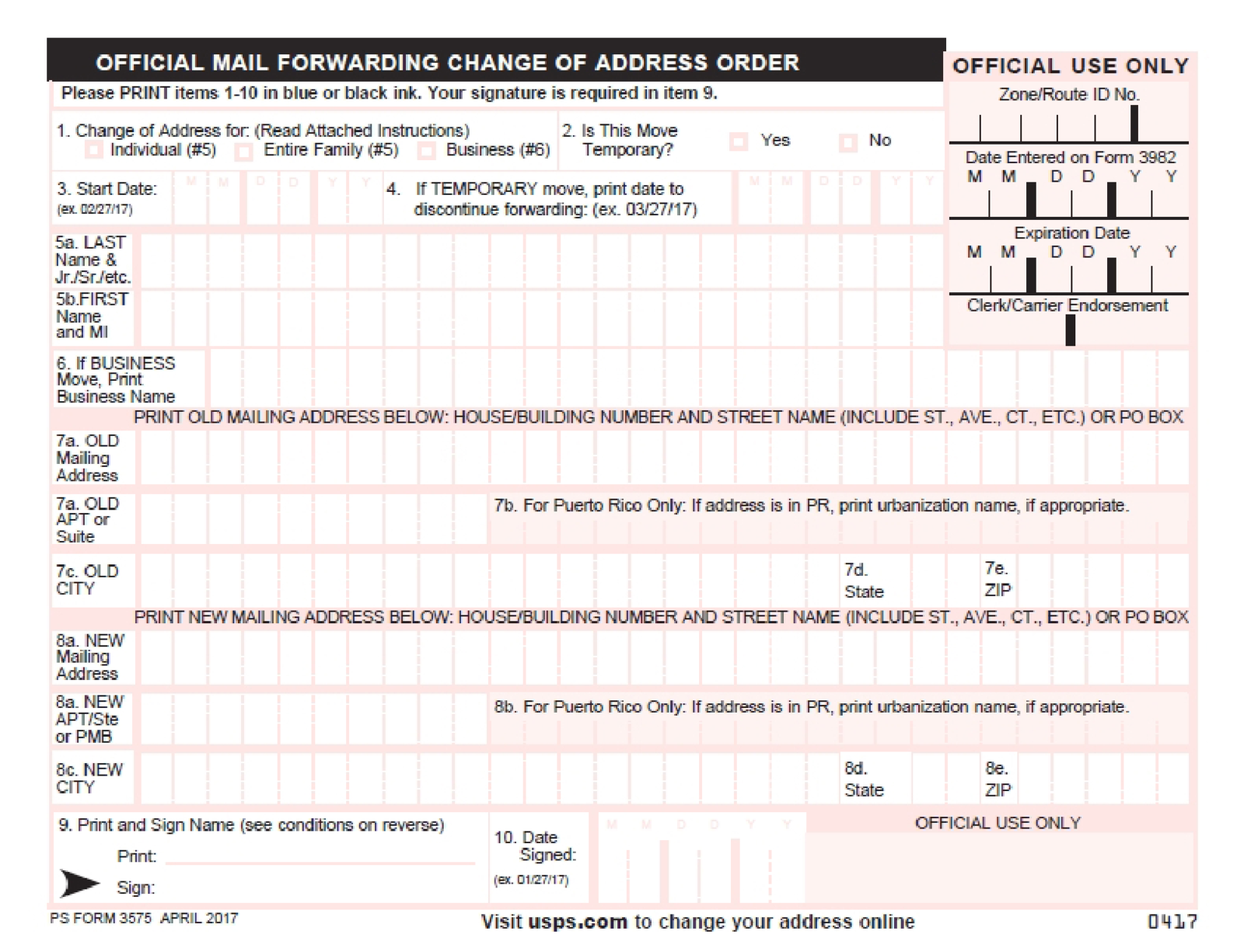 PS Form 3575 - Change of Address - Thumbnail