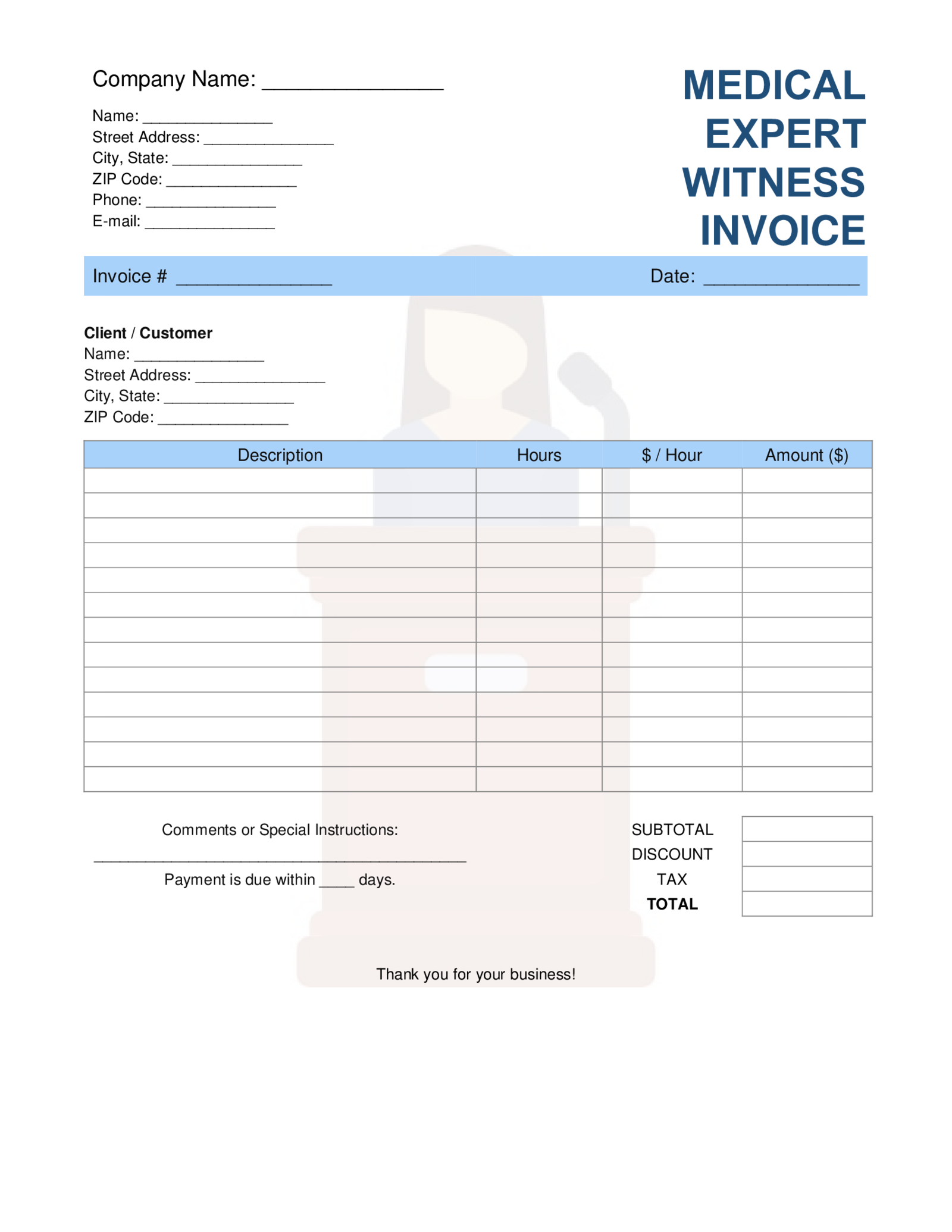 Medical Expert Witness Invoice Template - Thumbnail