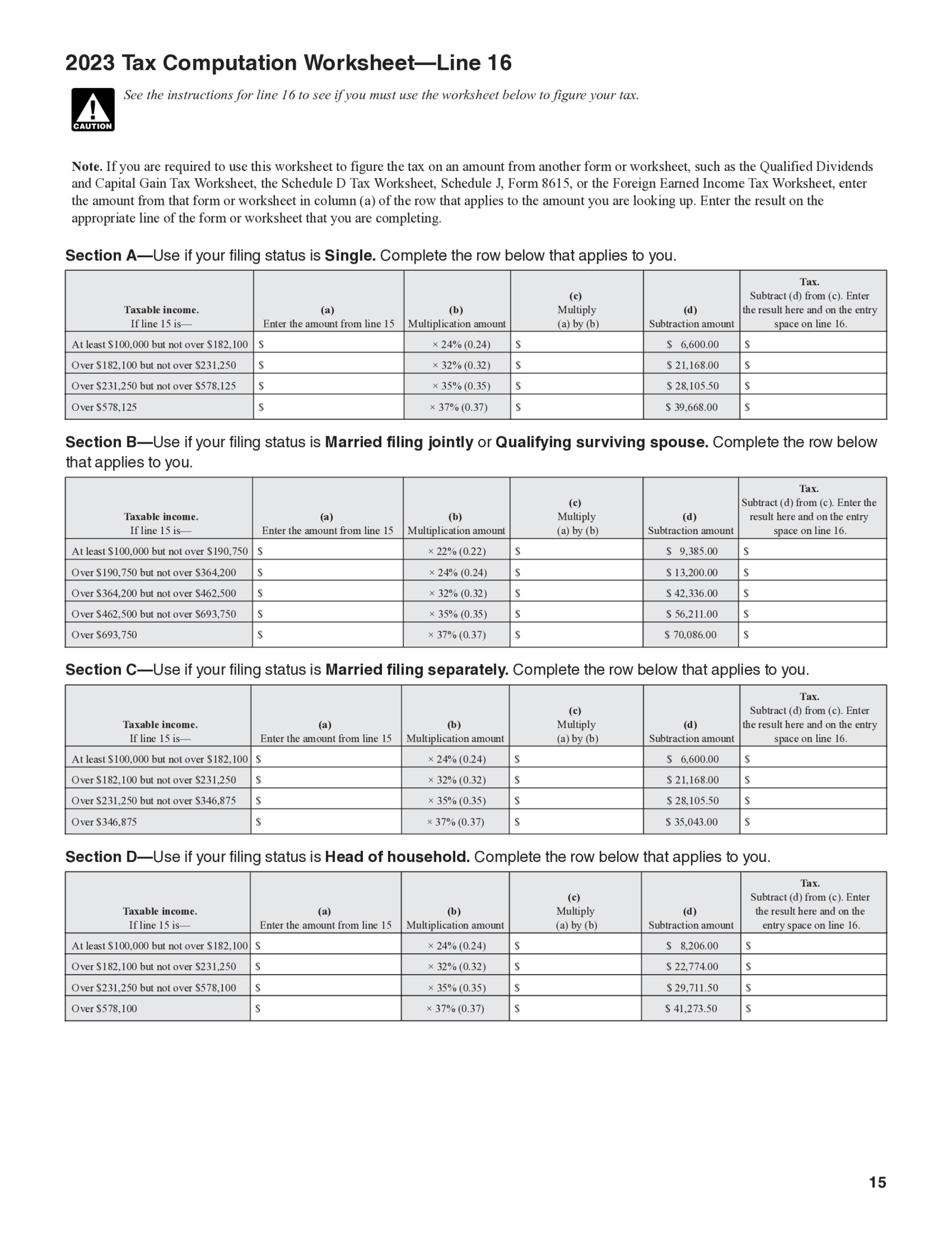 Tax Computation Worksheet Form 1040 (2023) - Thumbnail