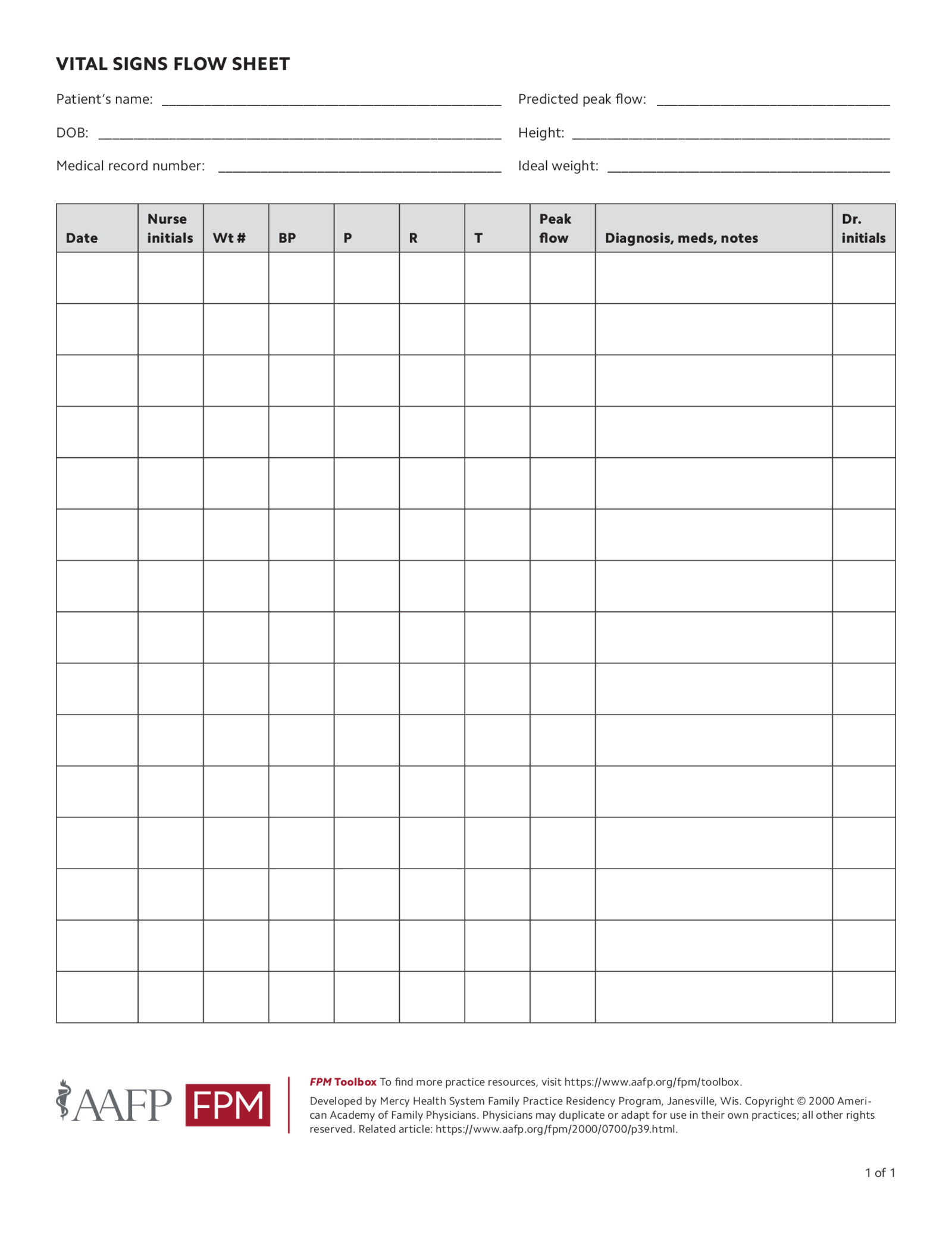 Vital Signs Flow Sheet - Thumbnail