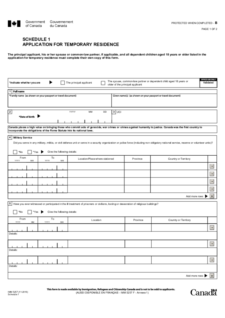 Form Canada IMM 5257 Schedule 1